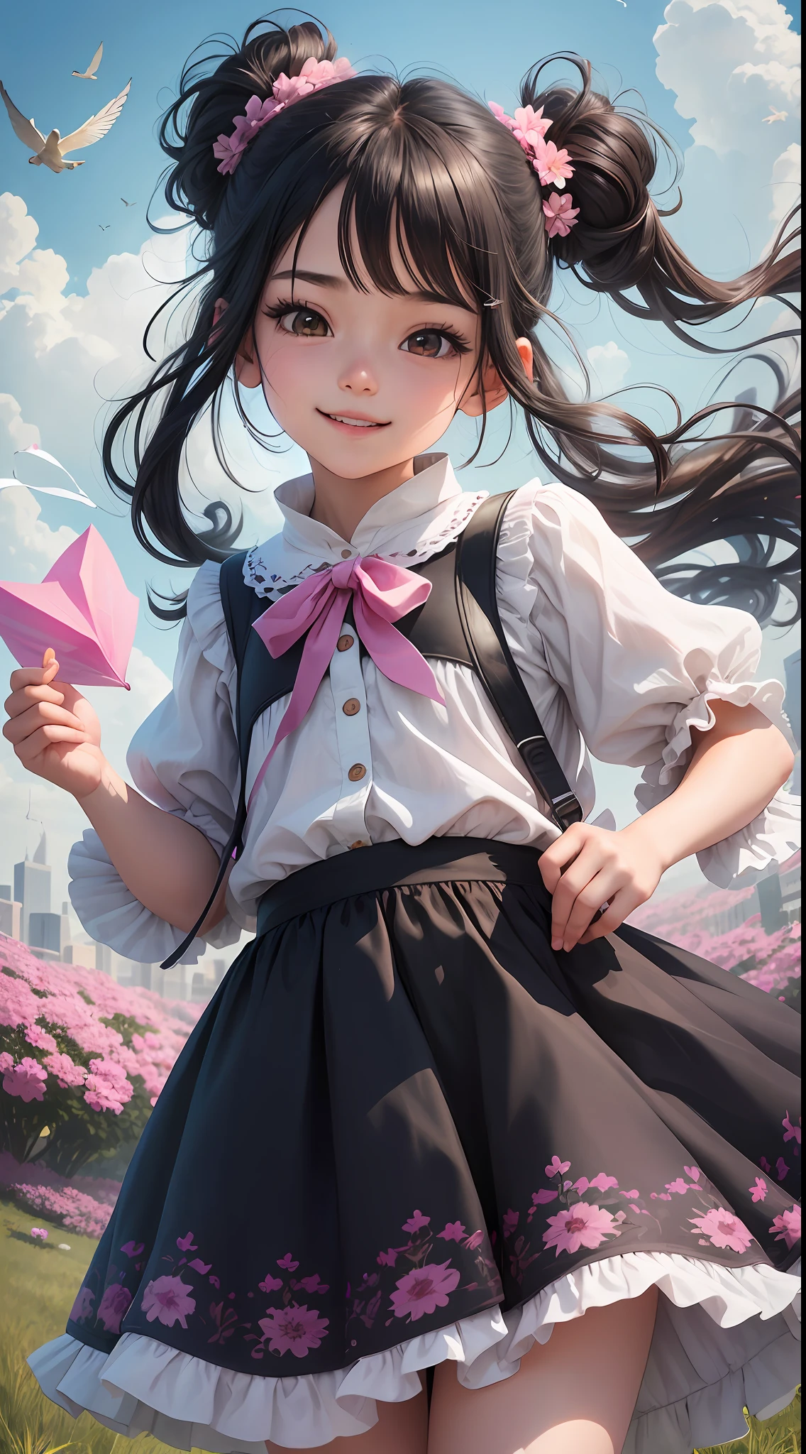 black hair, hair bobbles, longeyelashes, solid circle eyes, light smile, ear blush, Surrealism, drop shadow, anaglyph, stereogram, tachi-e, pov, atmospheric perspective, 8k, super detail, Ccurate, Best Quality little girl flying a kite on the grass of a city park, she wears a pink dress with her hair tied in two pigtails and a happy smile on her face. She holds a colorful kite line in her hand, her eyes fixed on the kite flying in the air. The blue sky and white clouds hang overhead, the breeze blows, and the grass sways with the wind. The little girl watched the kite flying in the air and seemed to have a wonderful resonance with her own heart. She ran around, constantly adjusting the direction and height of the kite so that it could fly freely in the sky. This urban park is a beautiful environment, surrounded by green grass, flowers and lush trees. Occasionally one or two birds fly by, adding life and vitality to the world. The little girl felt the beauty of this nature and made her mood particularly happy. Finally, the little girl managed to make the kite fly higher and farther, and she cheered and ran in the direction of the kite. At this moment, she seemed to merge with the sky and felt freedom and happiness. Such a time makes people yearn for and move. Yellow skirt, holding a kite in the shape of a swallow in his left hand, omnidirectional image --auto --s2