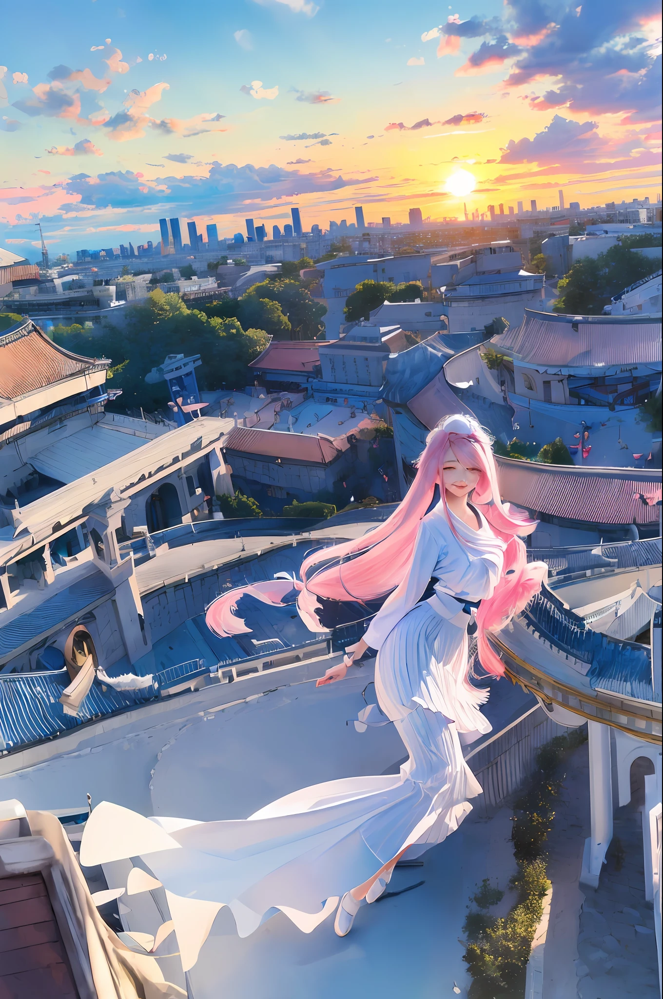 official art, masterpiece, sharp focus, (beautiful gorgeous cute Korean woman:1.3), (beautiful cute korean:1.3), korean beauty, Delicate and beautiful hair and eyes and face, realistic, ultra detailed, beautiful girl, blue sky, glow white particle, (sidelighting:1.2), sun light, white cloud, detailed clouds, slender, Lovely very large breasts and very large hips, smile with teeth, ((smile with eyes, open both eyes)), scenery, long straight hair, sexy facial expression, building, (cityscape:1.7), dynamic hair, long straight hair, detailed platinum pink hair, glow blue eyes, (blue pleated shirts + white skirt), white long socks, pale skin, hair ornament, epic scenery,