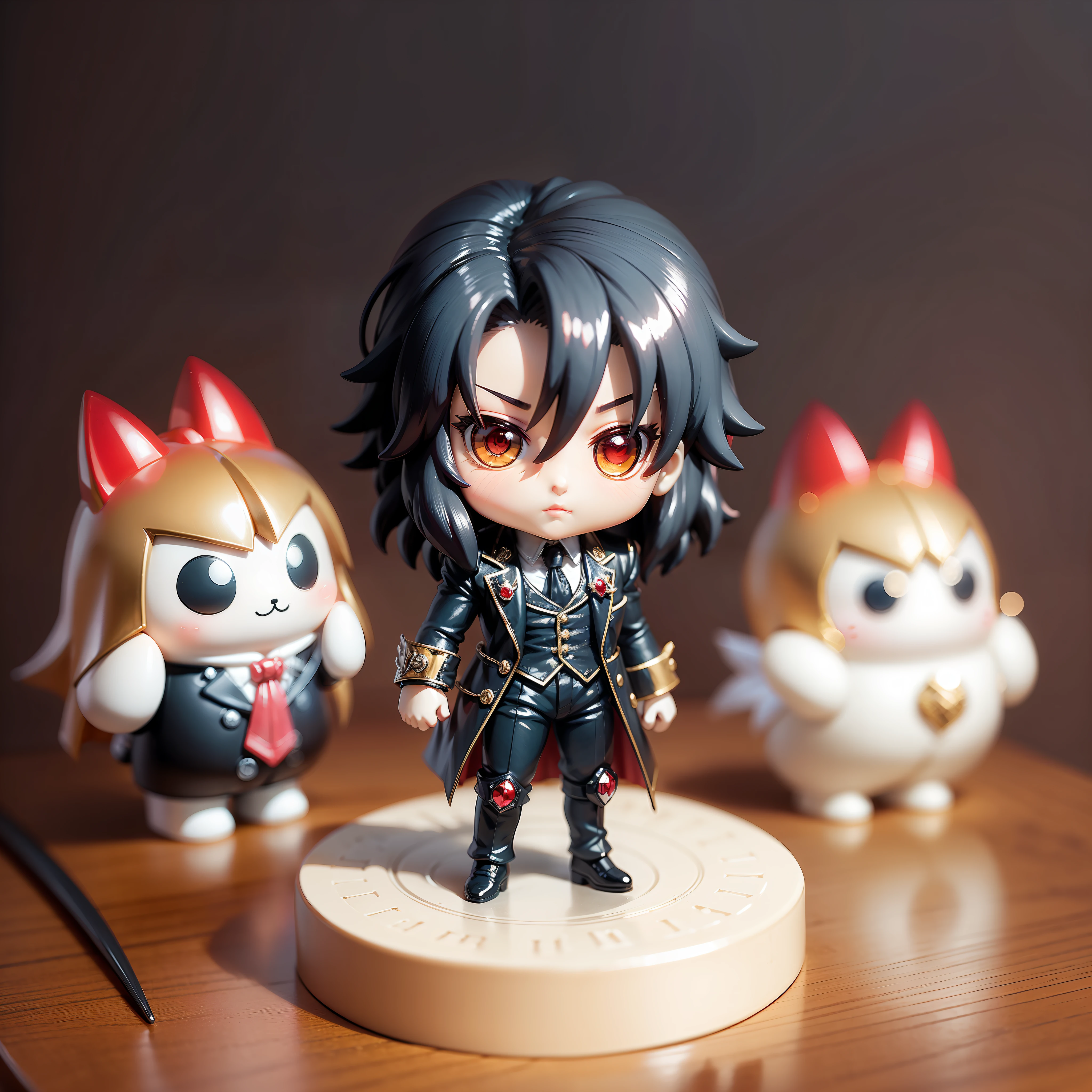ultra cute chibi (((figurine))) of a Alucard in a classic Armani suit made from glimmering porcelain, standing on table --auto --s2