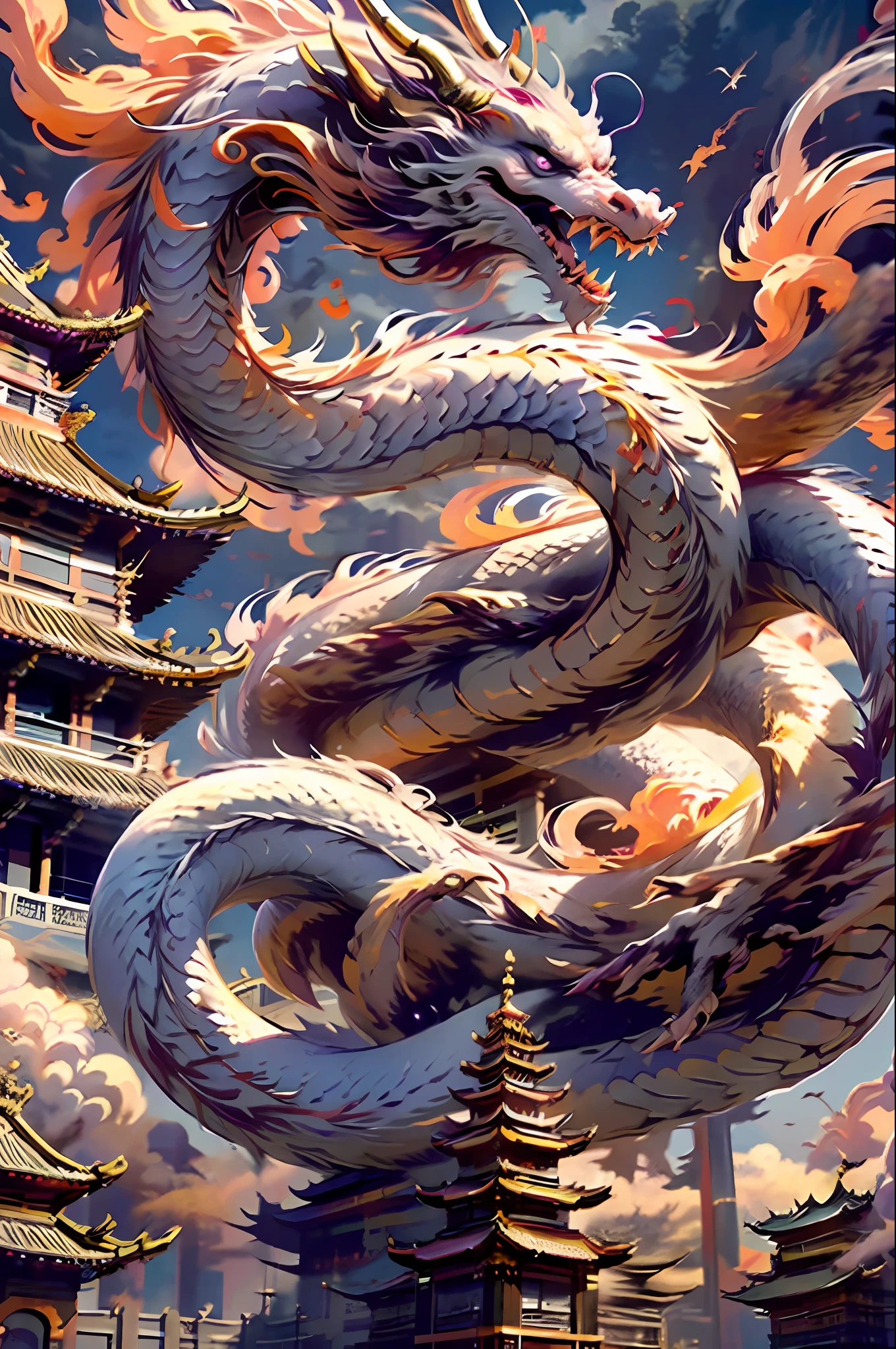 Best quality, masterpiece, ultra high res, naked without humans, (long: 1.2), no humans, cloud, architecture, east asian architecture, purple eyes, horns, open mouth, sky, fangs, oriental dragon, overcast sky, teeth, flying, purple fire, bird, wings