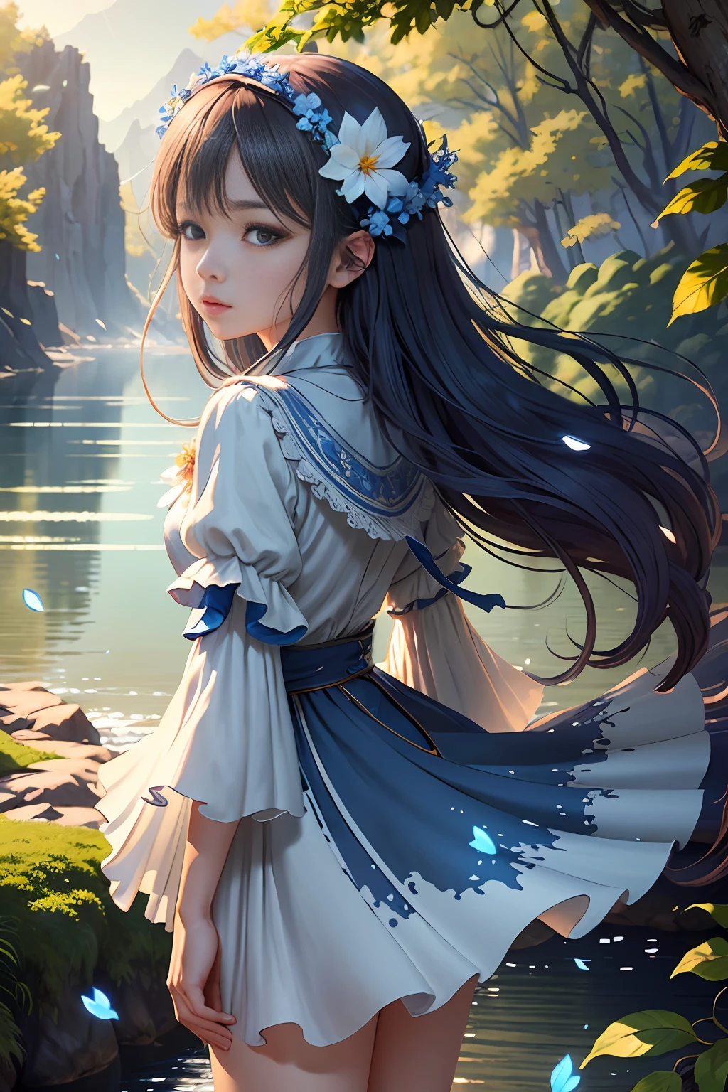 Masterpiece, best quality, (very detailed CG unity 8k wallpaper) (best quality), (best illustration), (best shadows) Nature', blue sea,delicate leaves petals of various colors falling in the air light Tracking, super detailed --v6