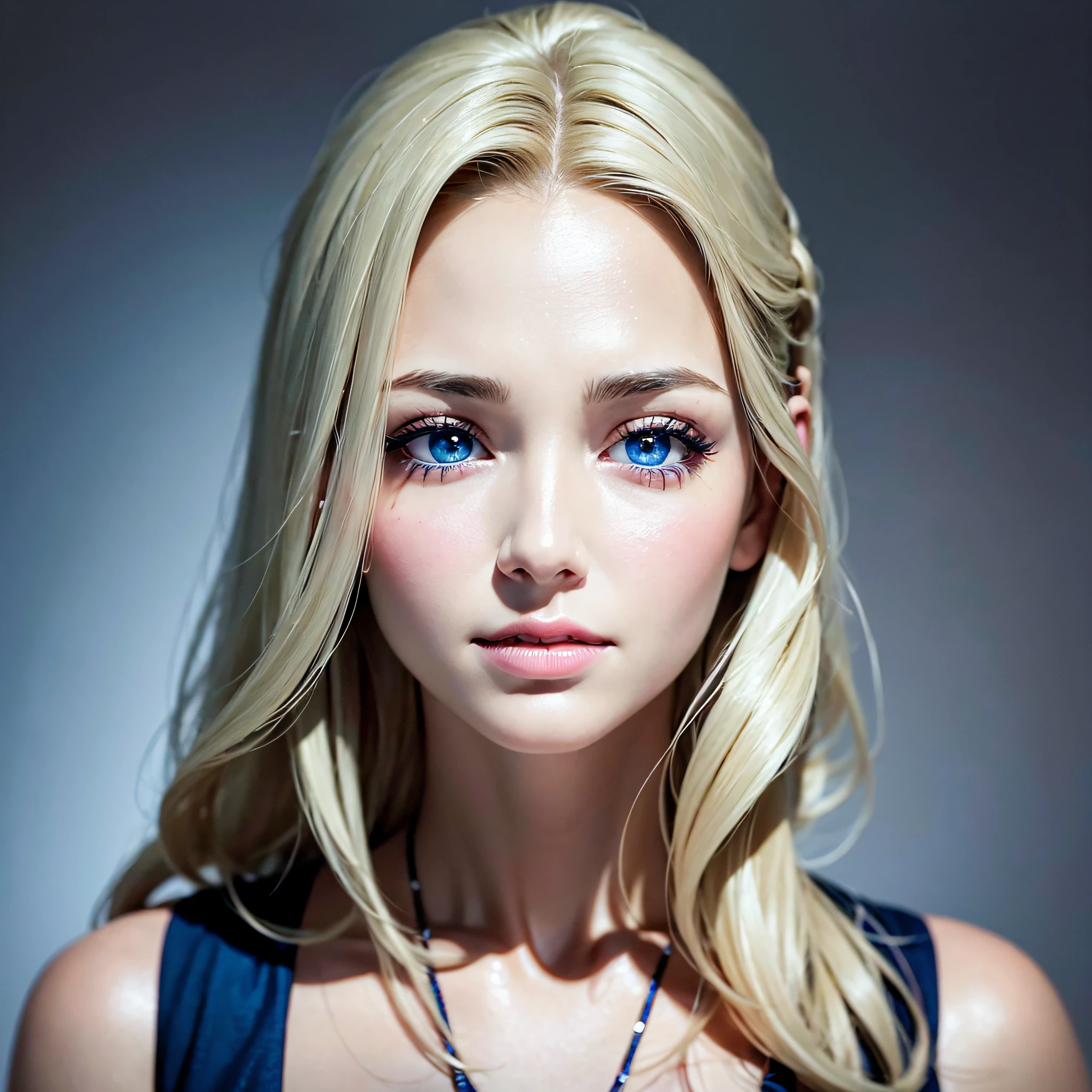 woman face, thirties, not too young, face turned forty five degrees, oblique, chin straight, eyes looking straight, realistic, high quality, skin very detailed, white skin, long blond hair, hair dos not cover face, 8k, ultra high quality, blue plain background