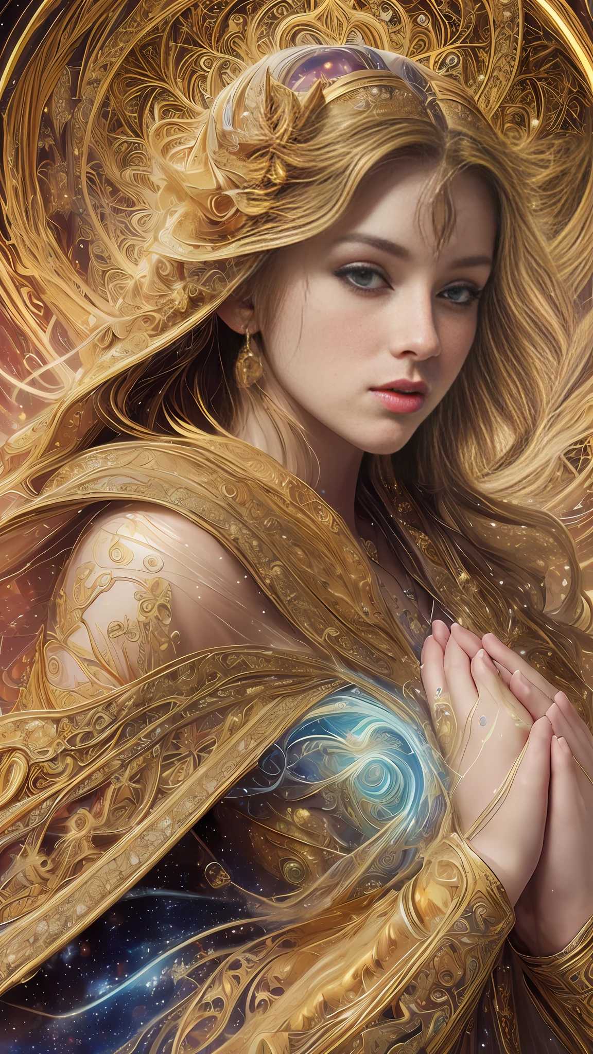 (masterpiece, top quality, best quality, official art, beautiful and aesthetic:1.2), (1girl), extreme detailed, (fractal art:1.3), colorful, highest detailed, perfect face, upper body, HDR, (praying:1.3), (white cloak golden lines:1.2), galaxy, (light streaks), striking visuals, (dynamic streaks, luminous trails:1.2), vibrant colors,