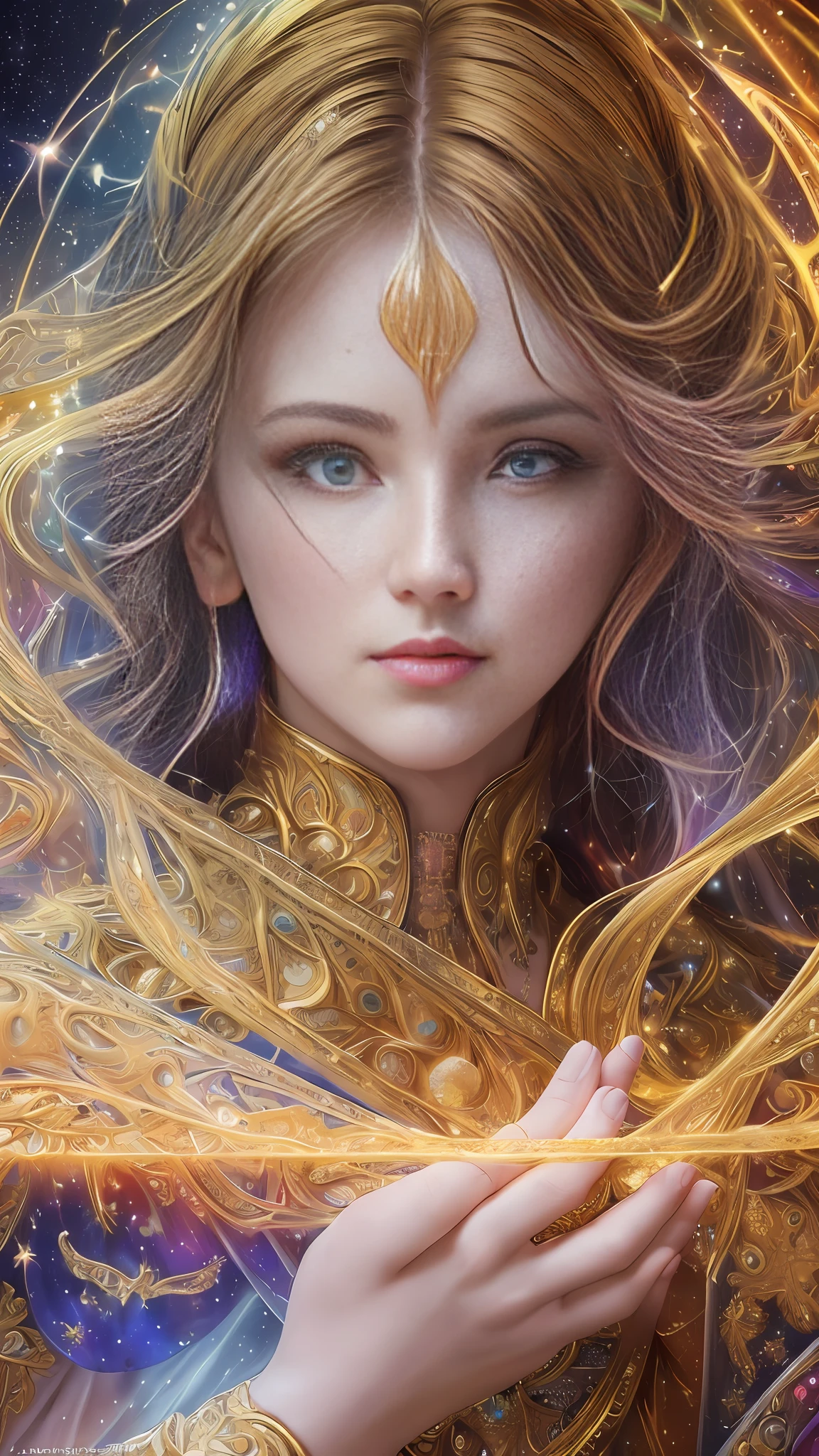 (masterpiece, top quality, best quality, official art, beautiful and aesthetic:1.2), (1girl), extreme detailed, (fractal art:1.3), colorful, highest detailed, perfect face, upper body, HDR, (praying:1.3), (white cloak golden lines:1.2), galaxy, (light streaks), striking visuals, (dynamic streaks, luminous trails:1.2), vibrant colors,