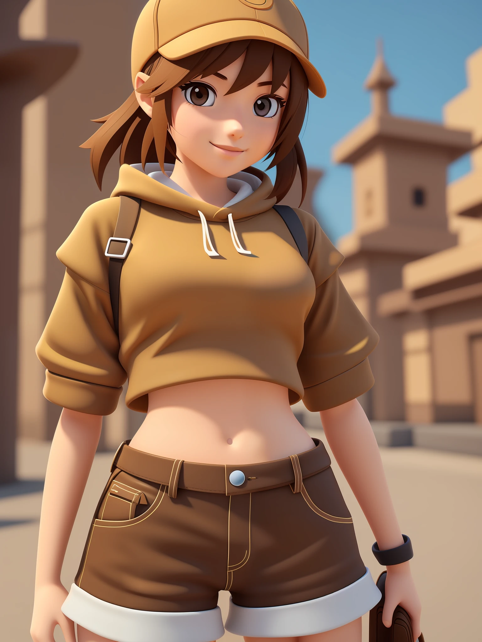 girl, a closeup of a cartoon character wearing a light brown cap, (((brown eyes)))), stylized character, animation character, stylized 3d render, 3d character, highly detailed character, stylized anime, stylized 3d, render character, character model, full body