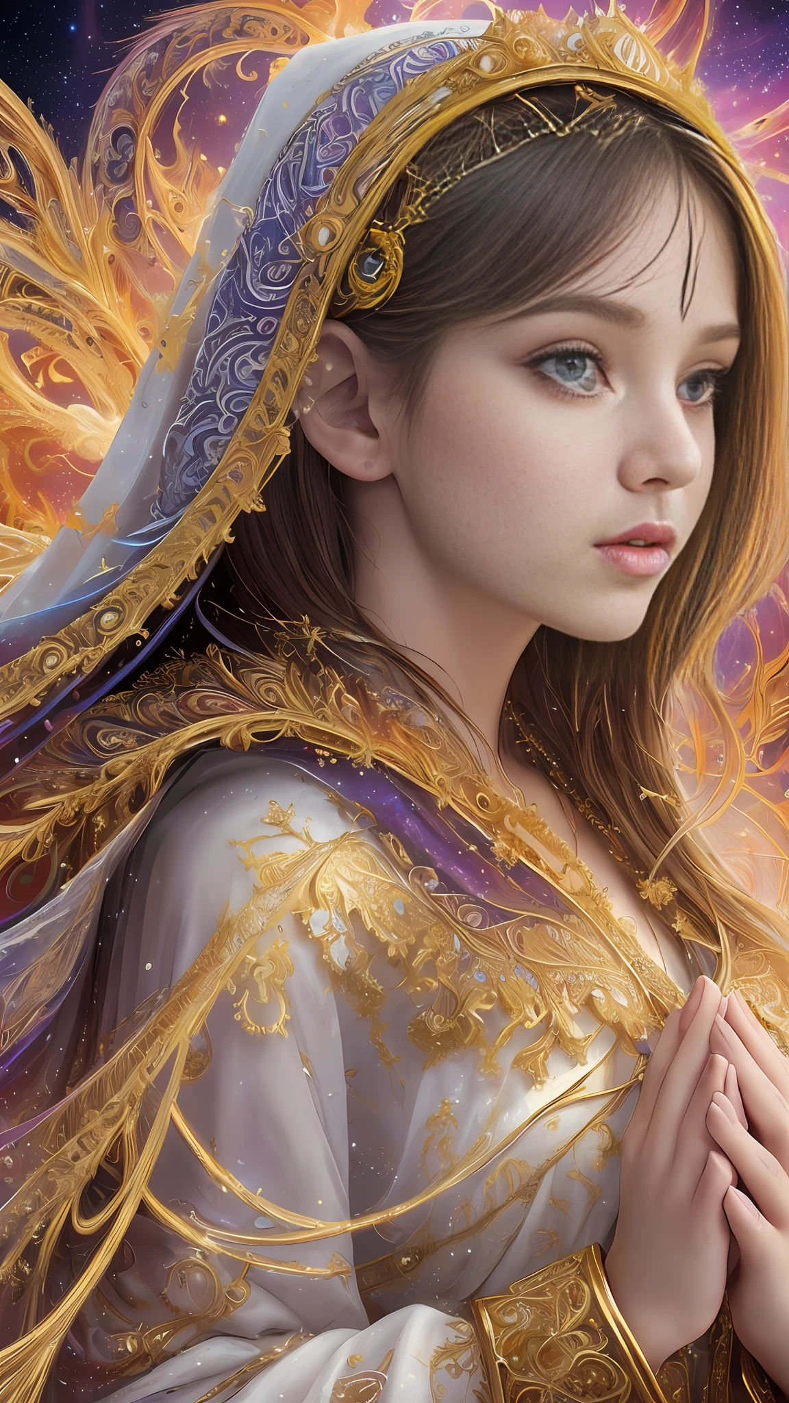 (masterpiece, top quality, best quality, official art, beautiful and aesthetic:1.2), (1girl), extreme detailed, (fractal art:1.3), colorful, highest detailed, perfect face, upper body, HDR, (praying:1.3), (white cloak golden lines:1.2), galaxy, (light streaks), striking visuals, (dynamic streaks, luminous trails:1.2), vibrant colors,