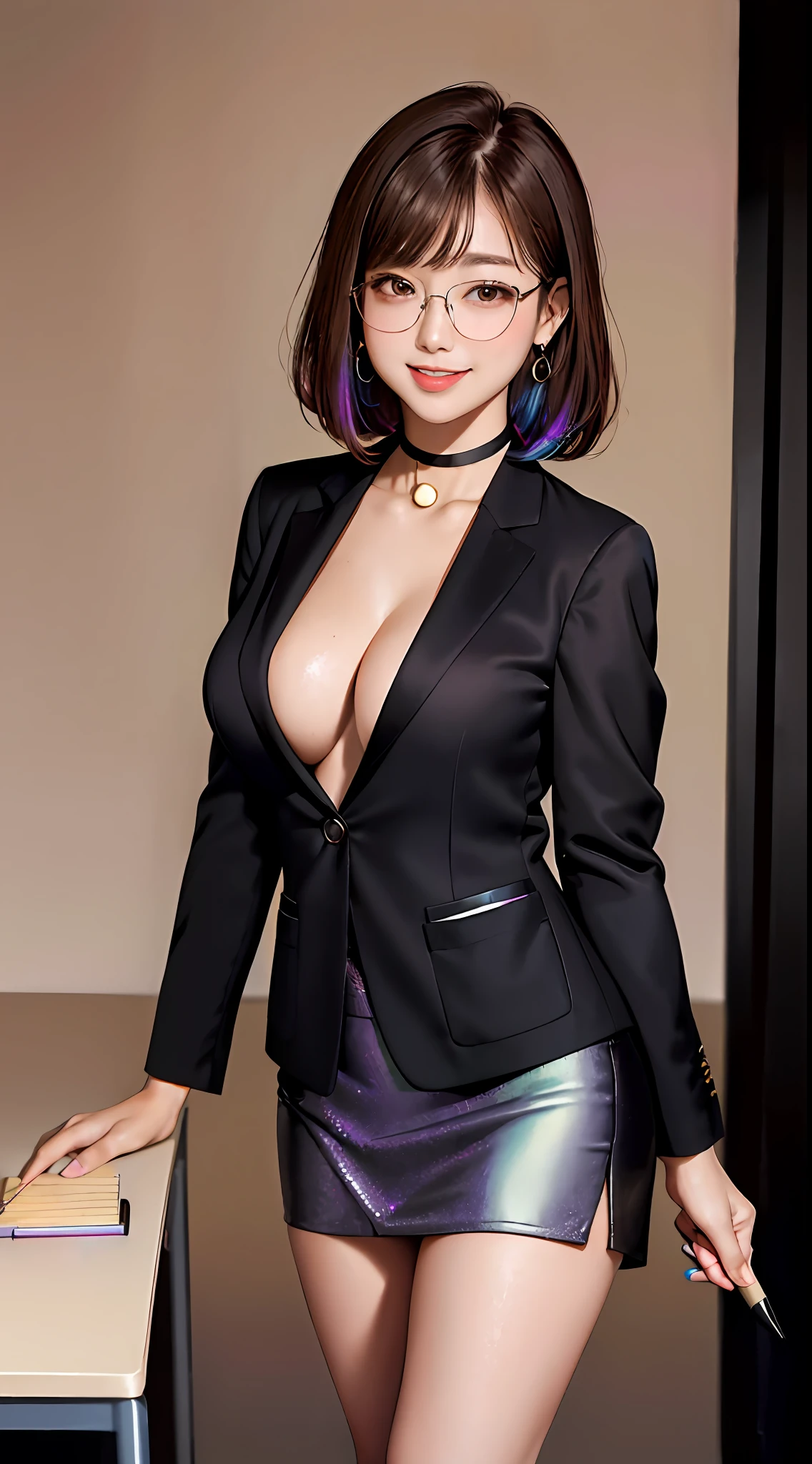 (1 girl), light brown hair, open-chest seduction, flared, ((office lady in a black blazer, iridescent pencil miniskirt)), angled bob, blush, bangs, (big breasts), ribbon choker, glasses, (full), slim, smile, earrings, office, standing, 8K quality, {nsfw:0.75},