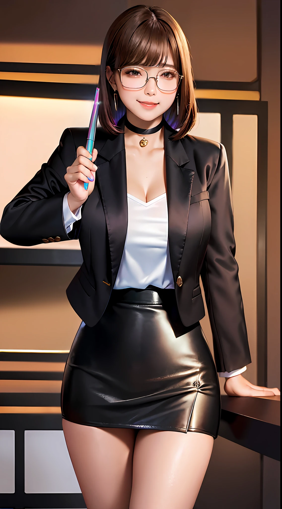 (1 girl), light brown hair, open-chest seduction, flared, ((office lady in a black blazer, iridescent pencil miniskirt)), angled bob, blush, bangs, (big breasts), ribbon choker, glasses, (full), slim, smile, earrings, office, standing, 8K quality, {nsfw:0.75},