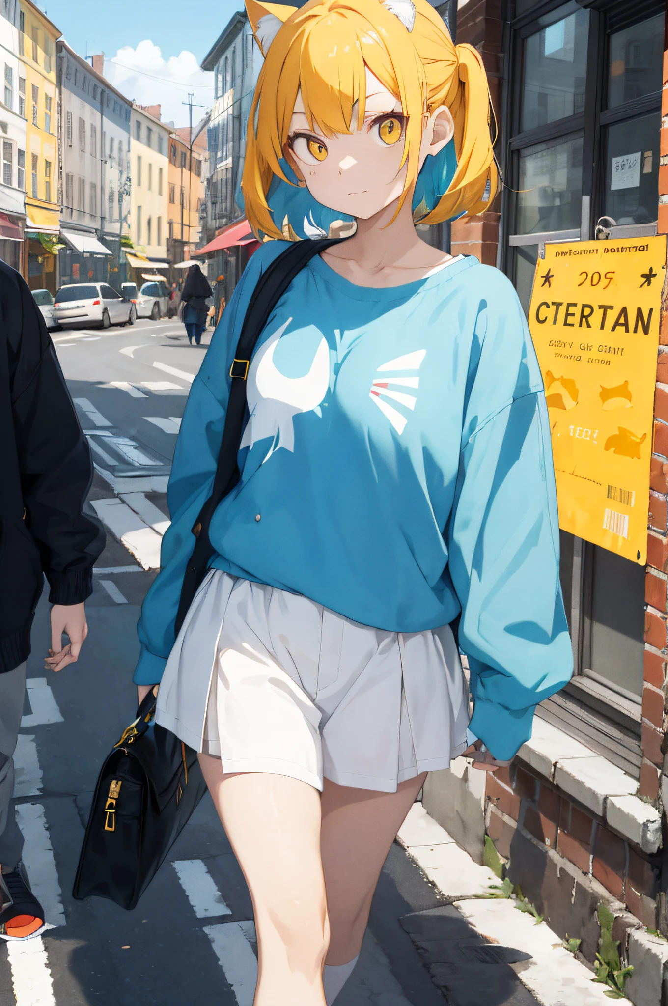 Cat-eared woman walking across the street with colorful purse on her shoulder, simple style, street fashion outfit, leisurely color block, splash of color, pop of color, street fashion clothes, color blocking, color blocking, colorful contrast, subtle details, minimal style, she is streetwear, Street style, casual clothing style, white trendy clothes, wearing high contrast