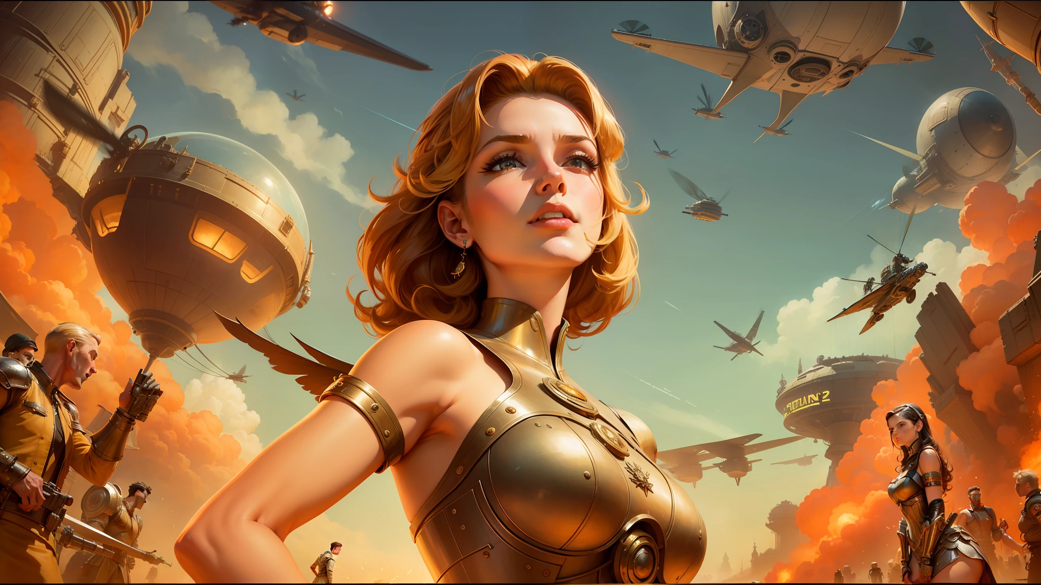 there is a woman in a futuristic dress standing in front of a bunch of people, large dieselpunk flying airships, dribbble, inspired by Gil Elvgren, fantasy paladin woman, inspired by Mark Brooks, [ bubbles, portrait of helen of troy, sci - fi : :, golden armour --auto --s2