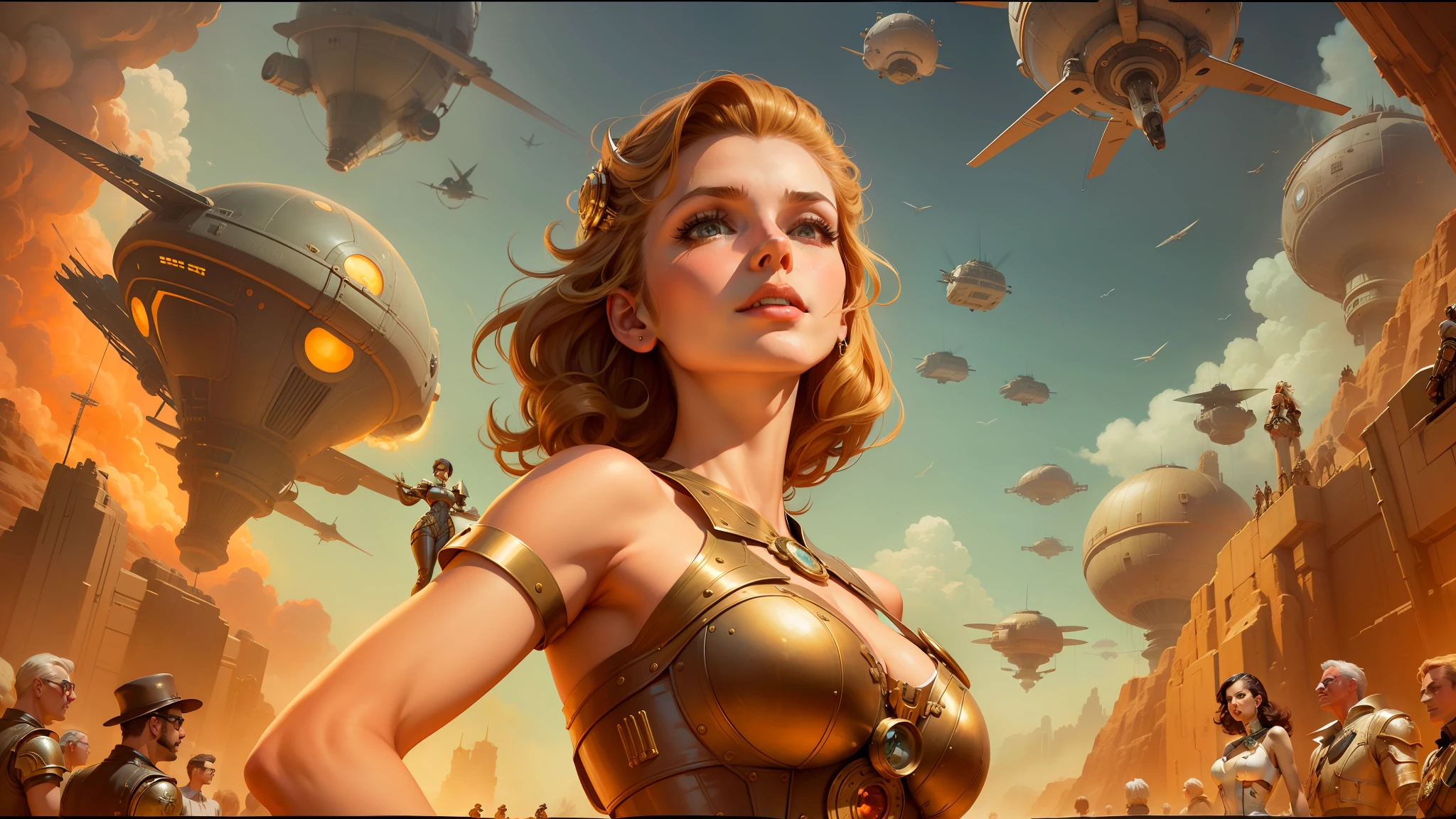 there is a woman in a futuristic dress standing in front of a bunch of people, large dieselpunk flying airships, dribbble, inspired by Gil Elvgren, fantasy paladin woman, inspired by Mark Brooks, [ bubbles, portrait of helen of troy, sci - fi : :, golden armour --auto --s2