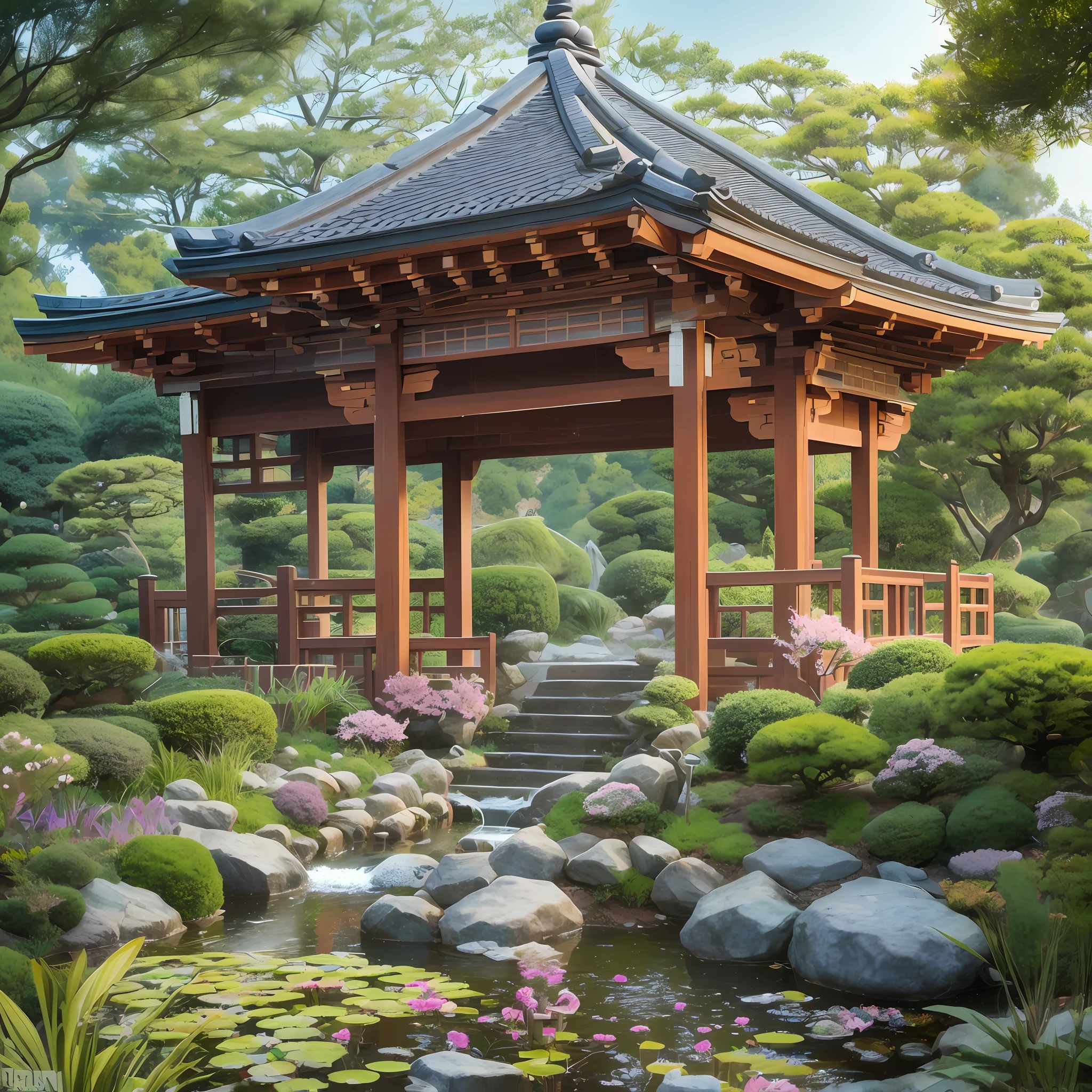 japanese dwarf pine, (ikebana:1.1), japanese pond and garden on background, by charlotte grimm, japanese garden, sci-fi, cyberpunk, intricate, highly detailed, digital painting, artstation, illustration, art by artgerm and alphonse mucha, vibrant volumetric lighting --auto --s2