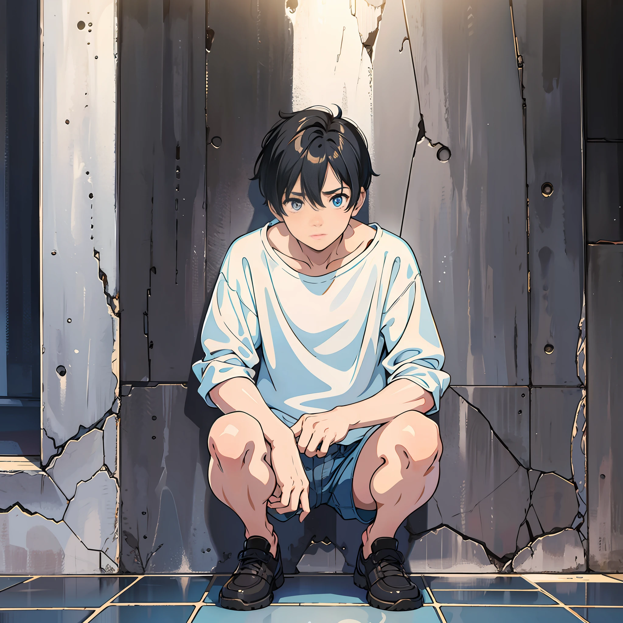 1 man, short black hair, blue eyes, naked, wearing shorts, squatting in the corner, surreal