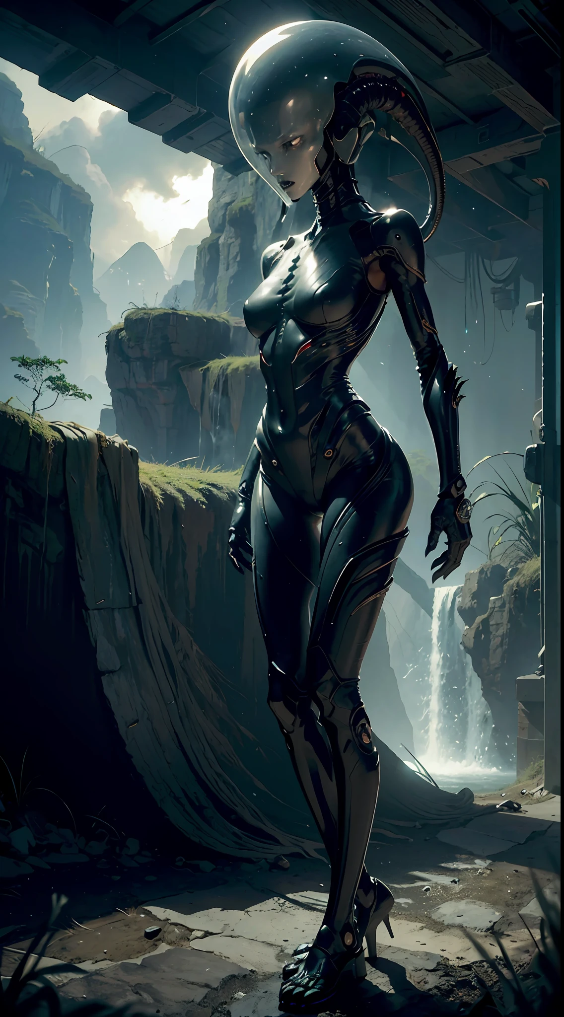 Beautiful Female Xenomorph, photorealistic style, creature, sci-fi, dark, sleek texture, shiny exoskeleton, biomechanical design, elongated head, elongated jaw, sharp teeth, piercing black eyes, slender body, biomechanical tail, translucent membrane, eerie atmosphere, lush alien landscape, vibrant flora, mysterious rock formations, atmospheric lighting, cascading waterfalls, ethereal mist, distant alien sky, captivating celestial bodies