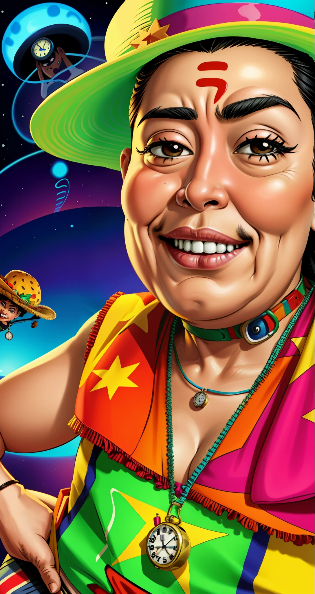 Mexican woman (cartoon style face) (fat woman) high drug with sombrero mariachi, Buckaroo Banzai Through the 5th Dimension, mushrooms, acids, flying pocket watches, vibrant colors, time vortex, burgers, burgers make of weed, weed in background