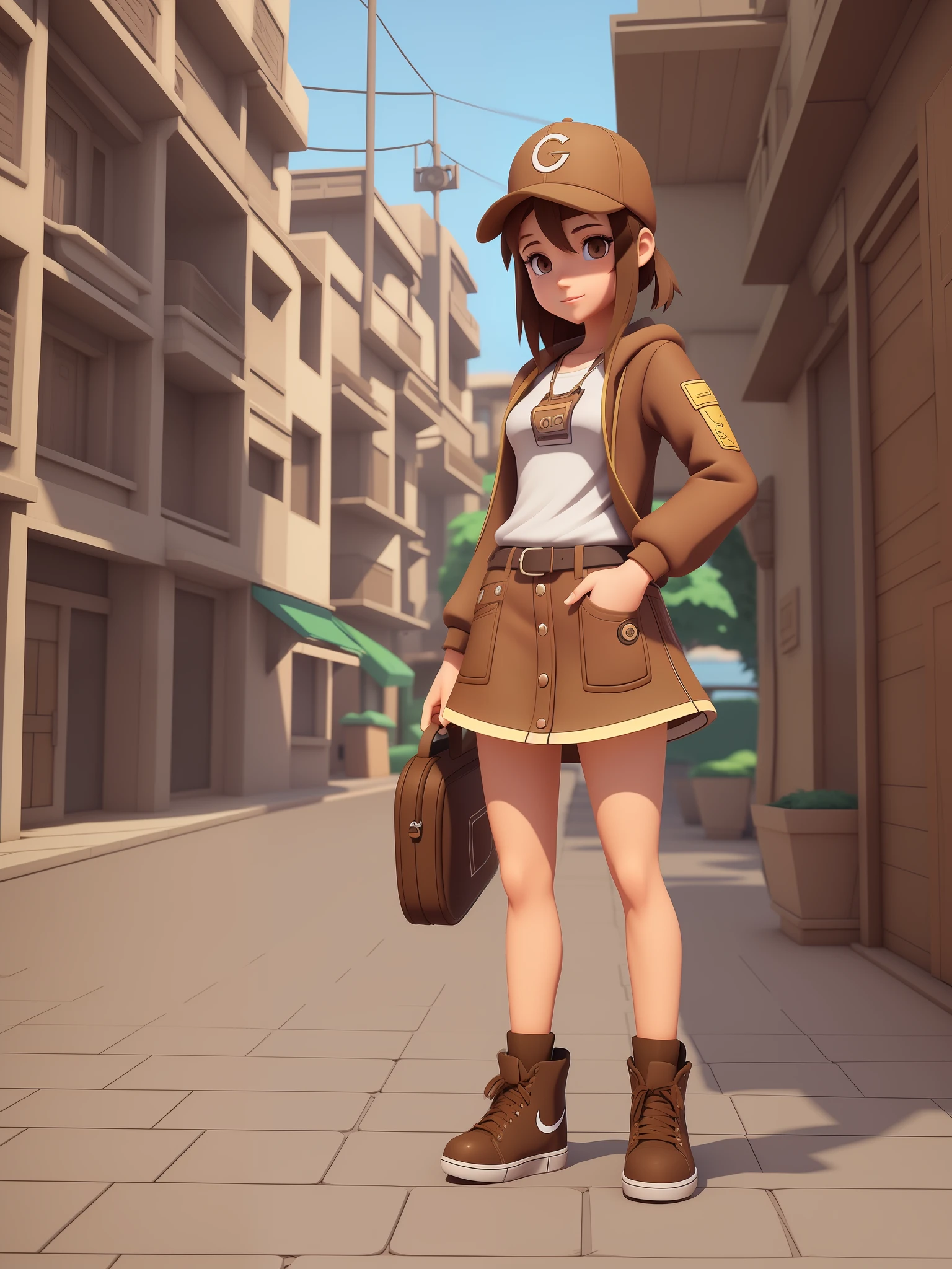Young girl, a cartoon character wearing a light brown cap, (((brown eyes)))), stylized character, animation character, stylized 3d render, 3d character, highly detailed character, stylized anime, stylized 3d, render character, character model, full body