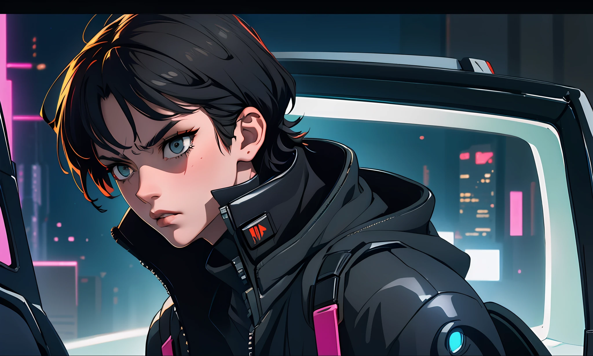 (high resolution, excellent image) Cyberpunk, Best Quality, Male Masterpiece, High Detail, Semi-Realistic, Black Short Hair, Black Hair, Bangs, 18 Years Old, Mature, Young, Tall and Strong, Black Tight, Black Flight Suit, Spaceship Background, Cold, Serious, Tall and Beautiful, Authoritative, Imperious, Exquisite Facial Features, Exquisite Facial Features, Kind Face, Cyberpunk Theme