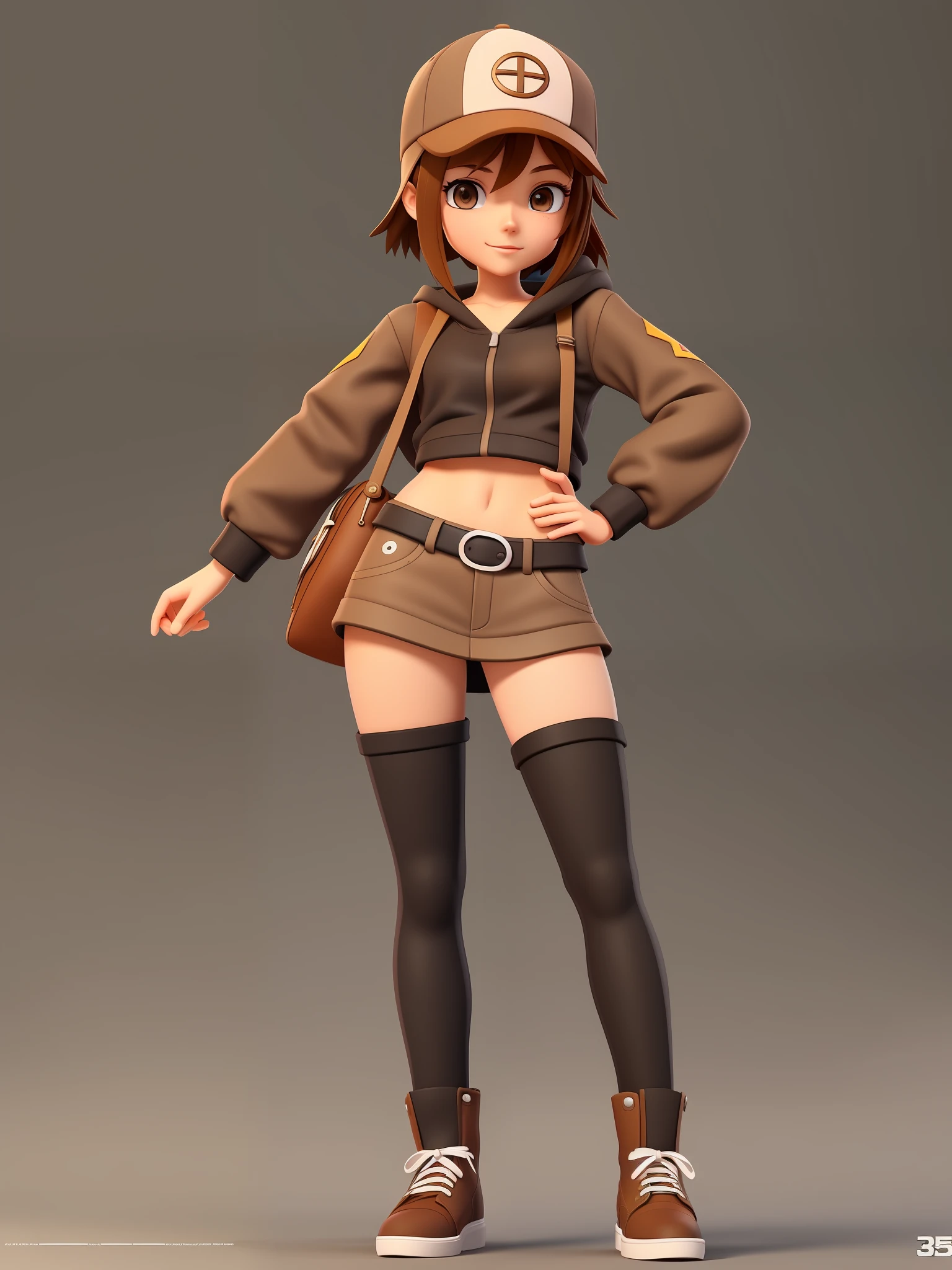 Young girl, a cartoon character wearing a light brown cap, (((brown eyes)))), stylized character, animation character, stylized 3d render, 3d character, highly detailed character, stylized anime, stylized 3d, render character, character model, full body