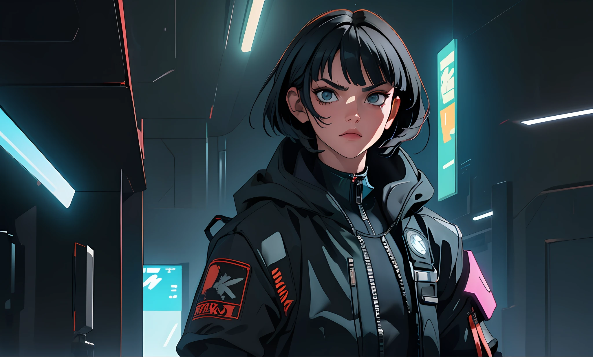 (high resolution, excellent image) Cyberpunk, Best Quality, Male Masterpiece, High Detail, Semi-Realistic, Black Short Hair, Black Hair, Bangs, 18 Years Old, Mature, Young, Tall and Strong, Black Tight, Black Flight Suit, Spaceship Background, Cold, Serious, Tall and Beautiful, Authoritative, Imperious, Exquisite Facial Features, Exquisite Facial Features, Kind Face, Cyberpunk Theme