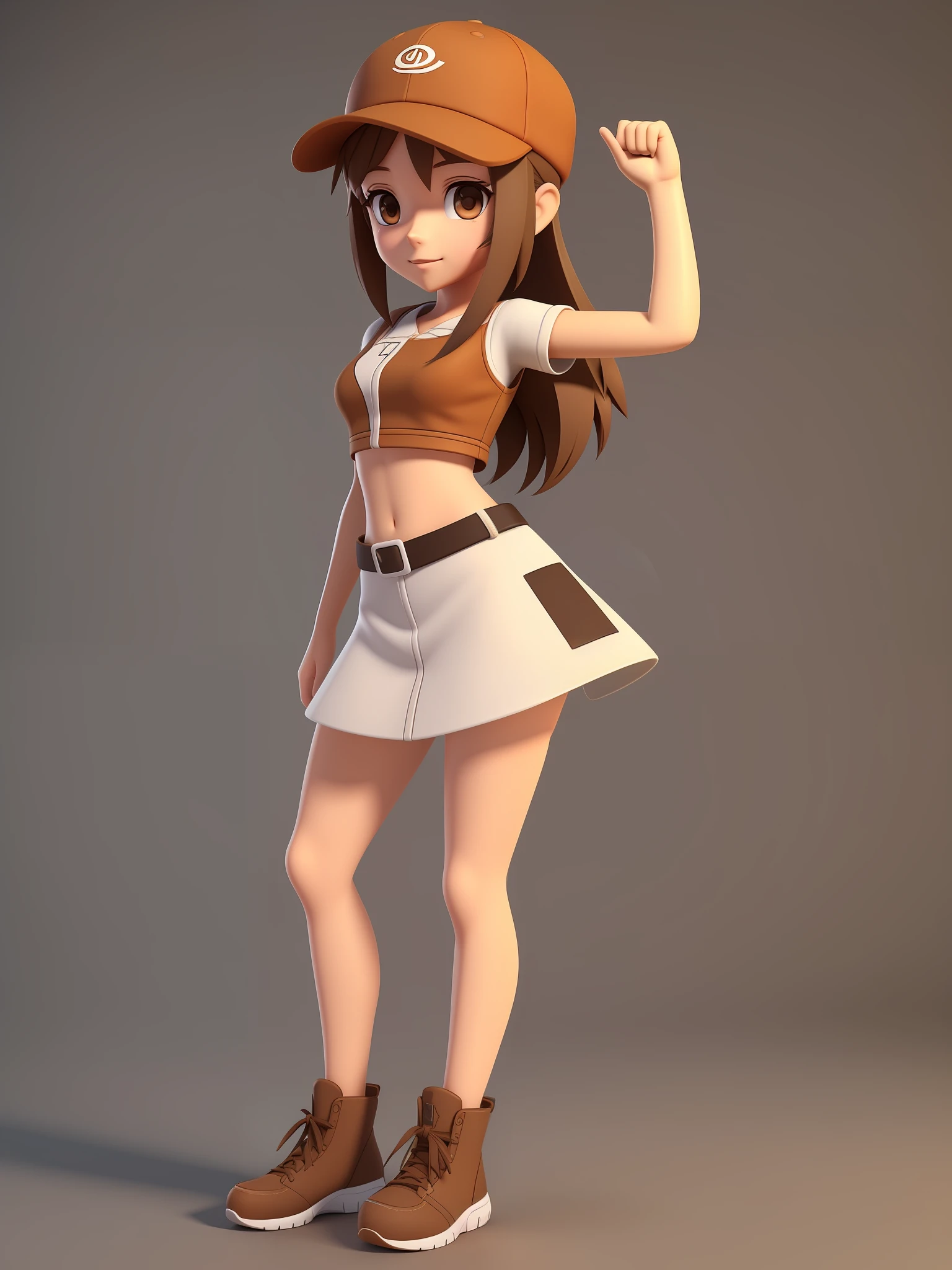Young girl, a cartoon character wearing a light brown cap, (((brown eyes)))), stylized character, animation character, stylized 3d render, 3d character, highly detailed character, stylized anime, stylized 3d, render character, character model, full body