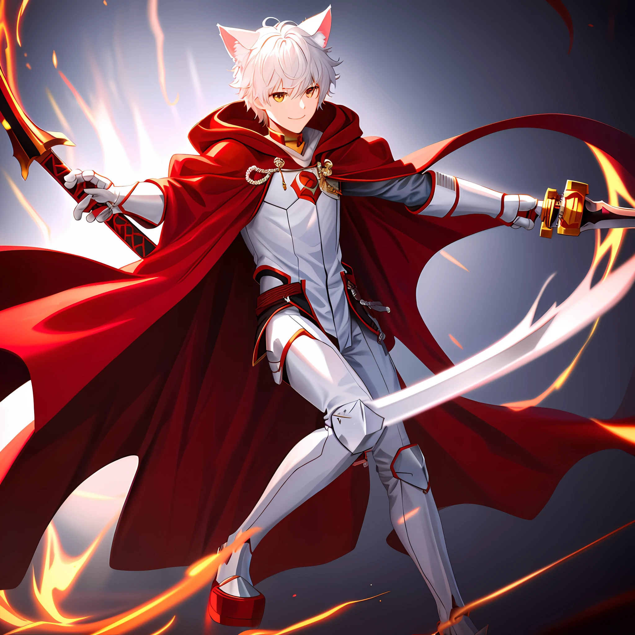1boy, fluffy and white cat ears, toned, fuzzy cat tail, cute, hero style, hero pose, fine armor, HD, smiling face, red hooded cape, holding a sword, red light in the background, full body,