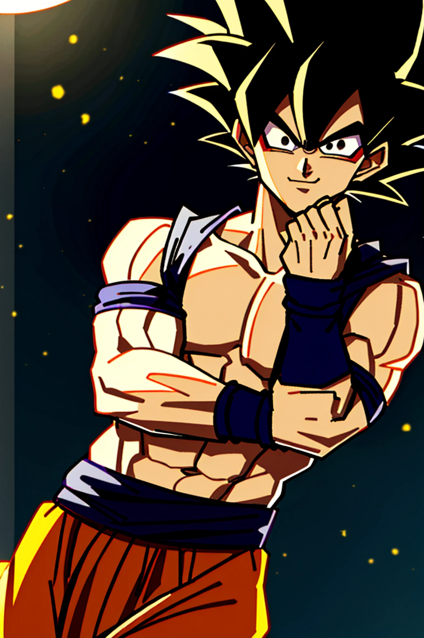 Son Goku, Vegeta, Usagi, Three, Backlit, Black Eyes, Black Hair, Blue Wristband, Mouth Closed, Way, Hair Strand, Raise Hand, Light Particles, Watching Viewer, Male Focus, Muscle, Muscular Male, Pectoral Muscles, Smile, Solo, Spiked Hair, Upper Body, Wristband, ((Masterpiece))