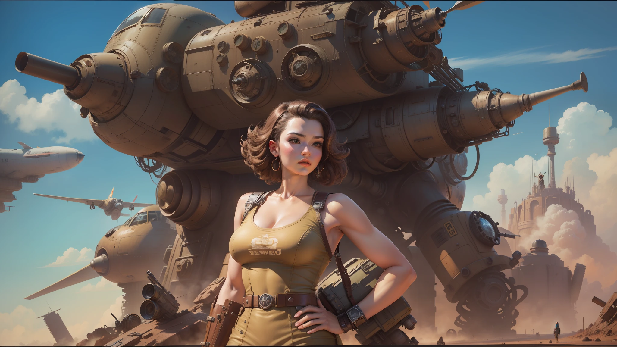 there is a woman standing in front of a giant robot, fallout airplane concept art, steampunk pin-up girl, john stephens, protagonist in foreground, inspired by Stevan Dohanos, a painting, young southern woman, big computer, nuka cola, metalhead, atomic stars, width 1 0 2 4, artwork in the style of z.w. gu --auto --s2