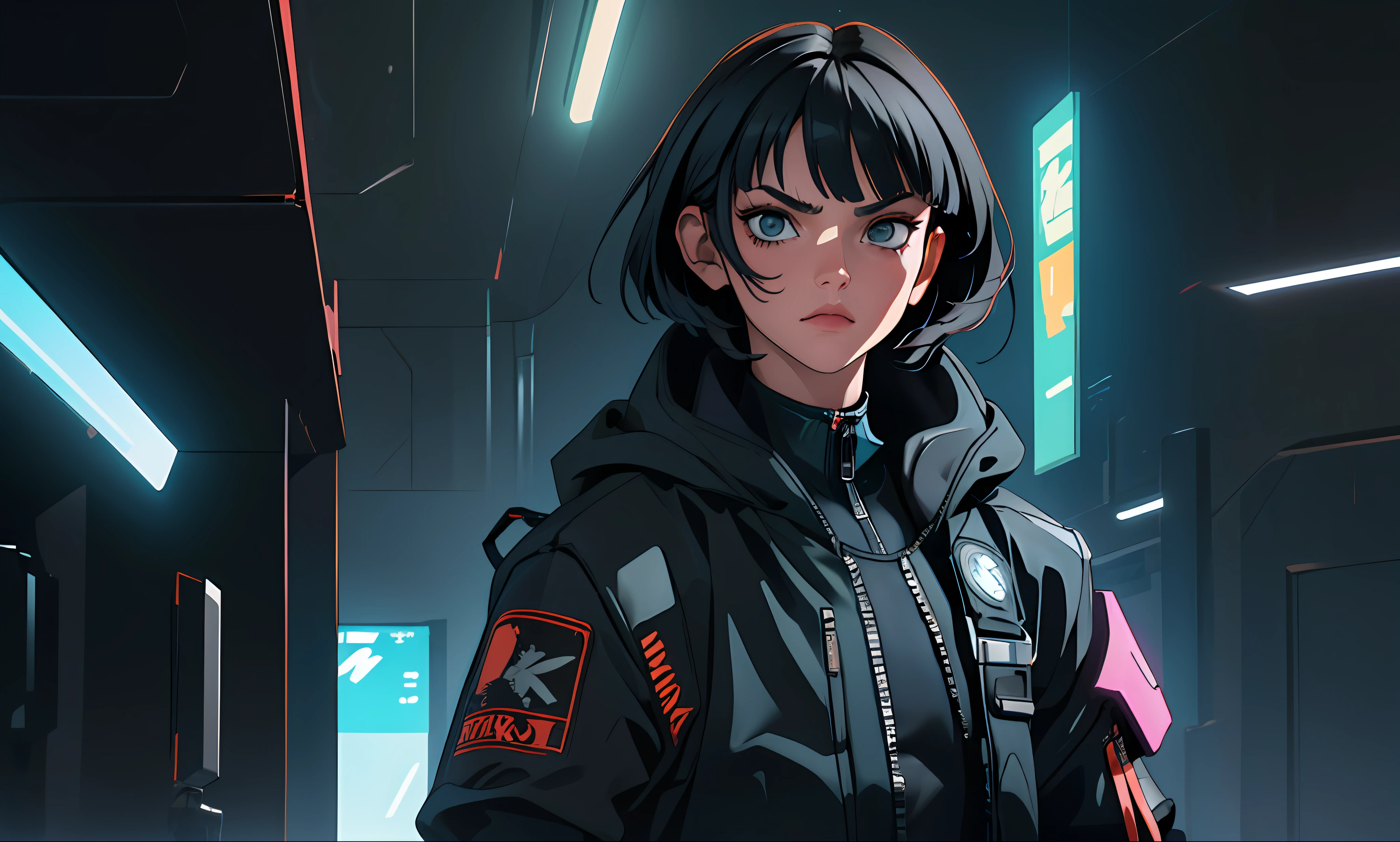 (high resolution, excellent image) Cyberpunk, Best Quality, Male Masterpiece, High Detail, Semi-Realistic, Black Short Hair, Black Hair, Bangs, 18 Years Old, Mature, Young, Tall and Strong, Black Tight, Black Flight Suit, Spaceship Background, Cold, Serious, Tall and Beautiful, Authoritative, Imperious, Exquisite Facial Features, Exquisite Facial Features, Kind Face, Cyberpunk Theme
