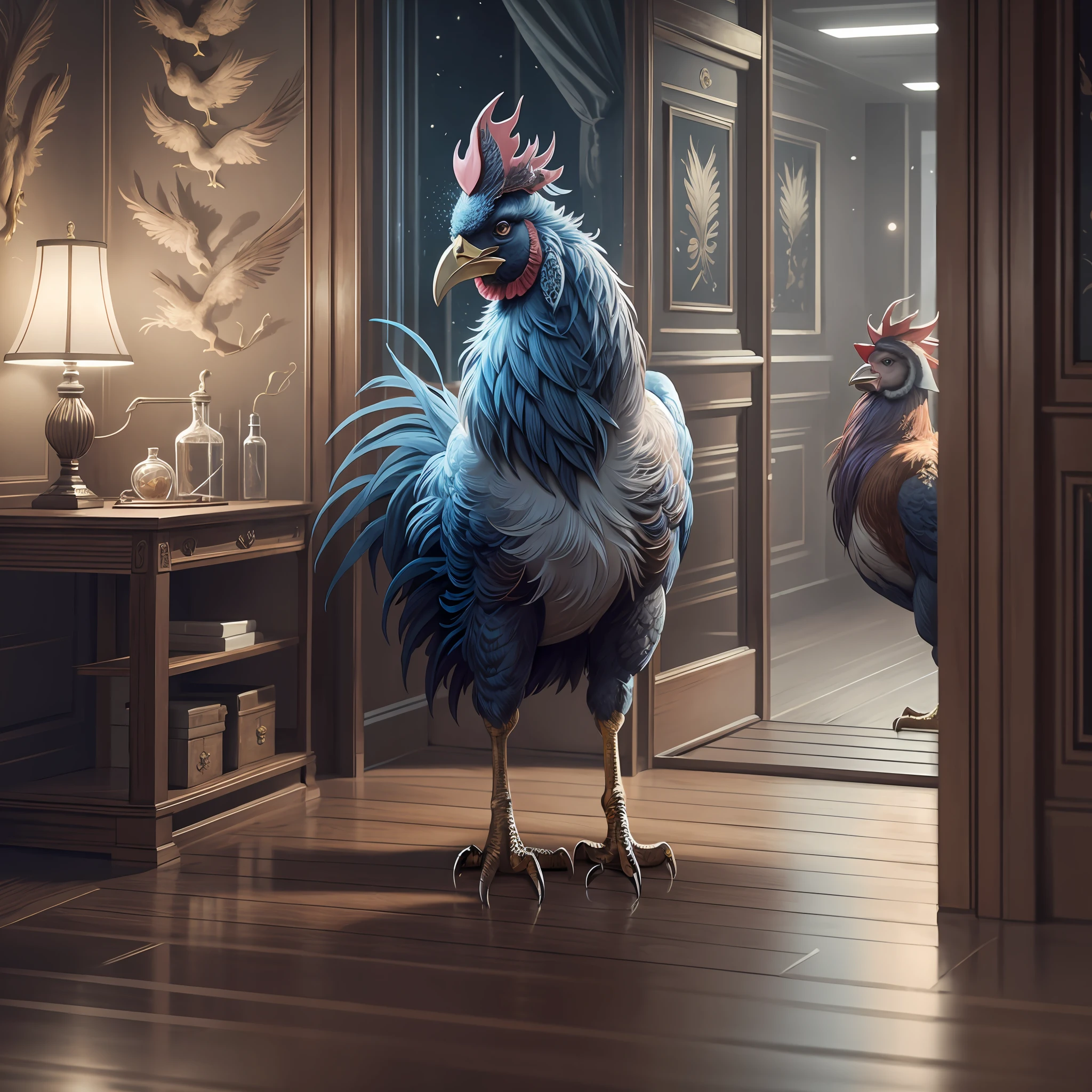 Masterpiece, best quality, 1 girl, solo, effect, dark background, a big rooster in a room at night holding a cell phone to his ear --auto --s2