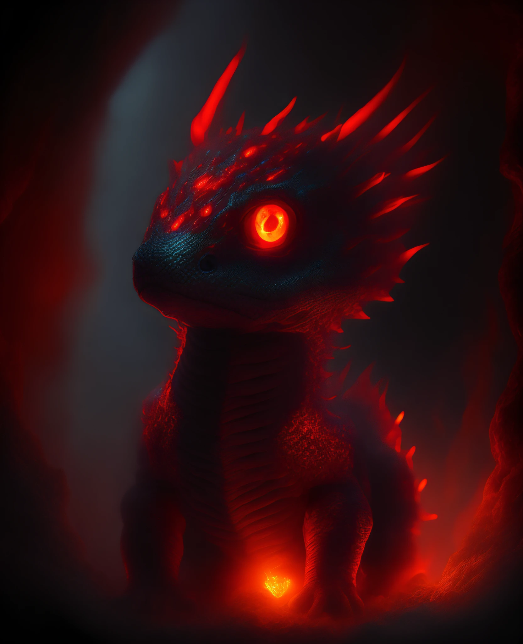 portrait of a dragon baby with glowing red eyes, particle effects, atmospheric fog, lava, dynamic lighting, dark cave
