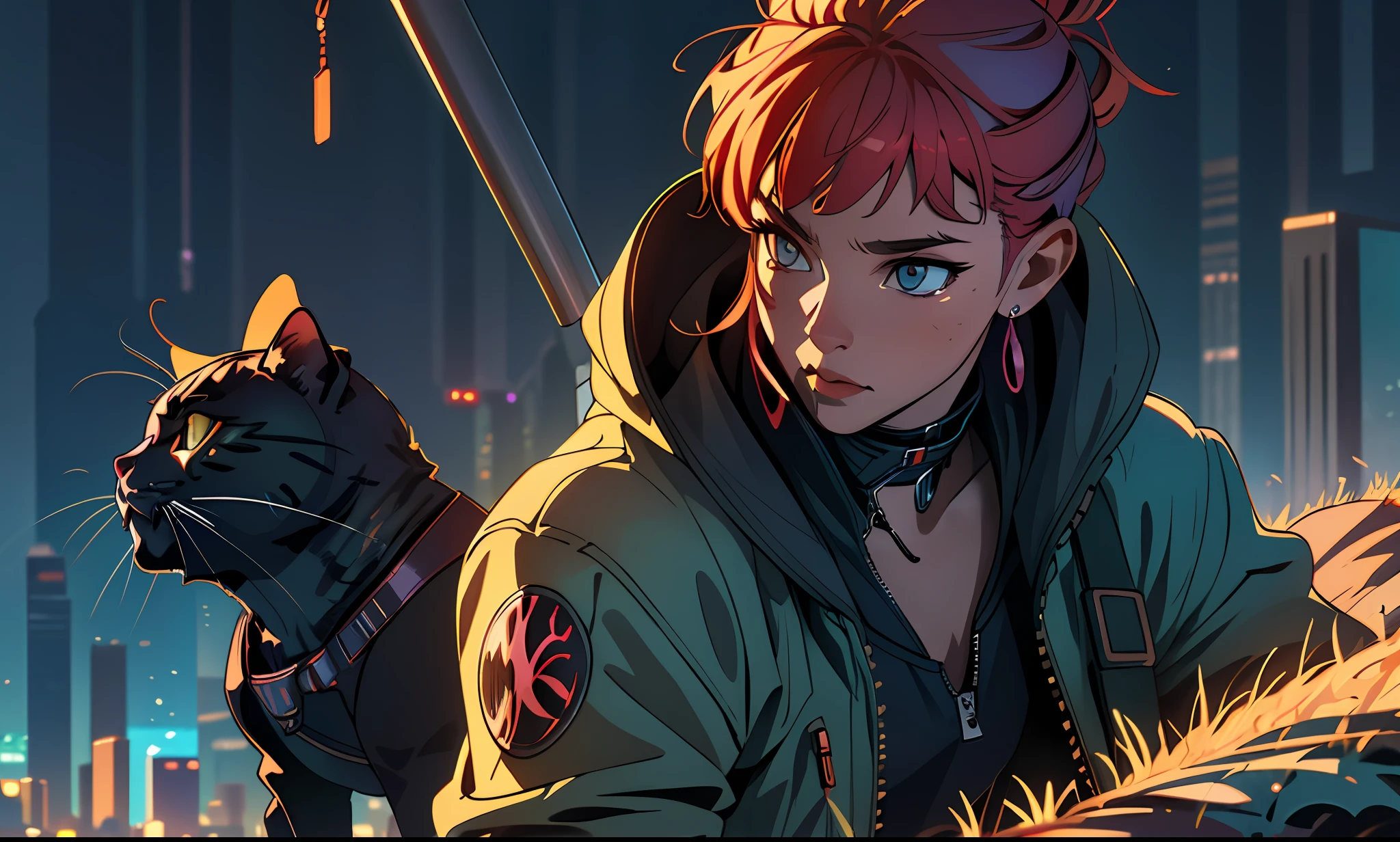 ultra detail, high resolution, ultra detailed, best quality, amazing, top quality, extremely detailed CG unity 8k wallpaper, cinematic lighting, cat fanboy, cyberpunk, dark boy