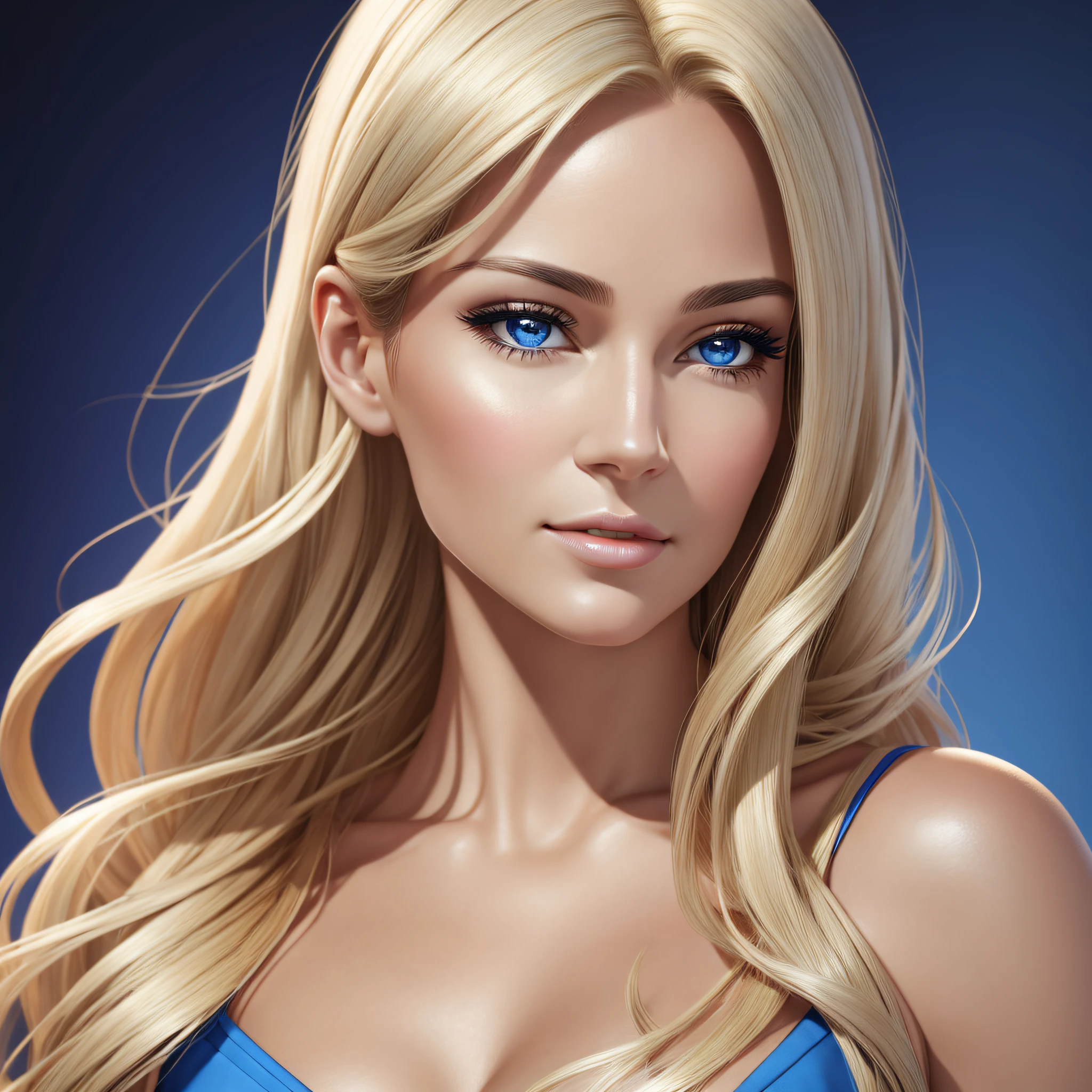 woman face, thirties, not too young, face turned to the side, oblique pose, chin straight, eyes looking straight, realistic, high quality, skin very detailed, white skin, long blond hair, hair behind face, 8k, ultra high quality, blue plain background