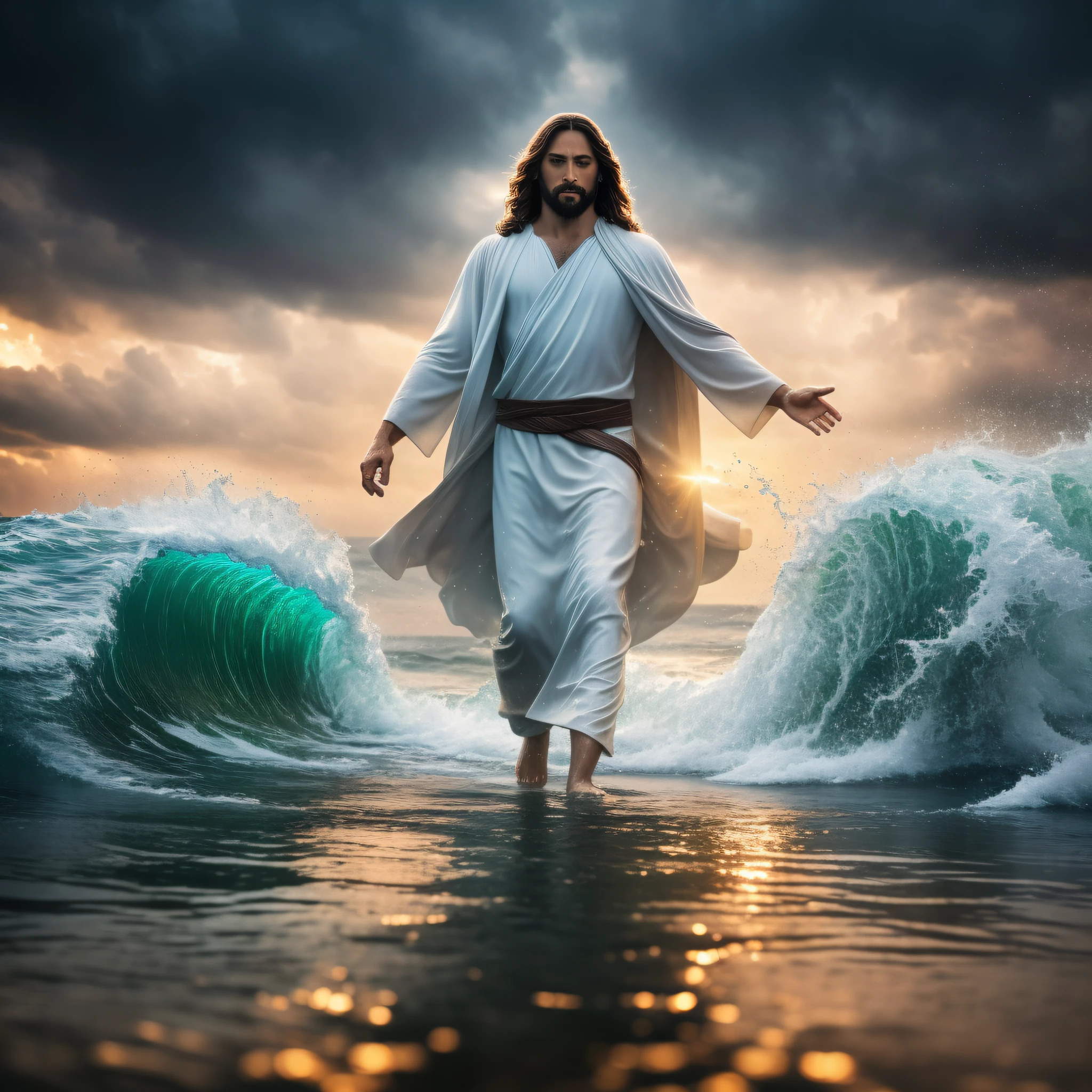 jesus walking on water in a storm, masterpiece, best quality, high quality, extremely detailed CG unit 8k wallpaper, award winning photography, Bokeh, Depth of Field, HDR, bloom, Chromatic aberration, photorealistic, extremely detailed, trending on artstation, trending on CGsociety, intricate, high detail, dramatic, mid-journey art, volumetric lighting