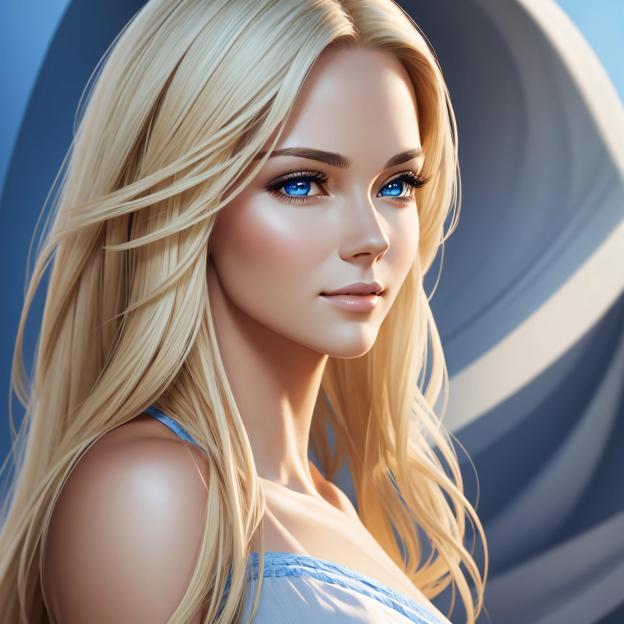 woman face, thirties, not too young, face turned to the side, oblique pose, chin straight, eyes looking straight, realistic, high quality, skin very detailed, white skin, long blond hair, hair behind face, 8k, ultra high quality, blue plain background