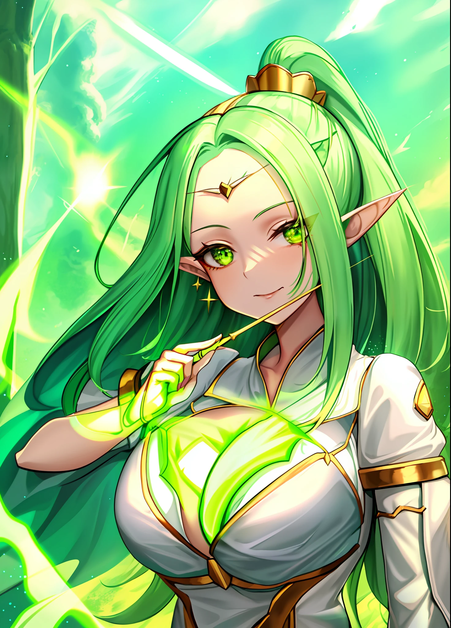 Girl, light green hair, pointed ears, jade eye, NPC_freyja,  exposed chest, white clothes with gold details, white wand in hand