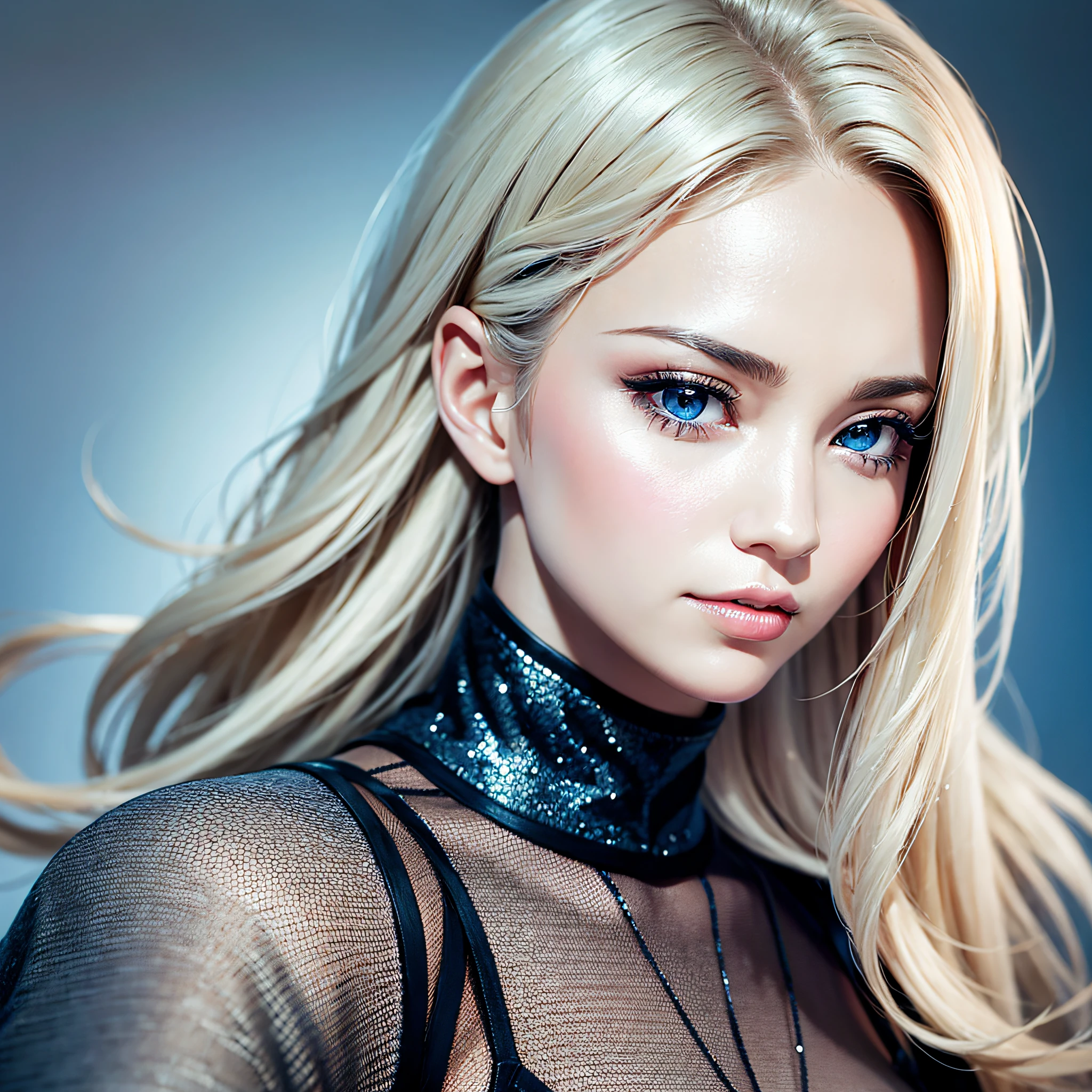woman face, thirties, not too young, looking do the side, eyes looking straight, realistic, high quality, skin very detailed, white skin, long blond hair, hair dos not cover face, 8k, ultra high quality, blue plain background