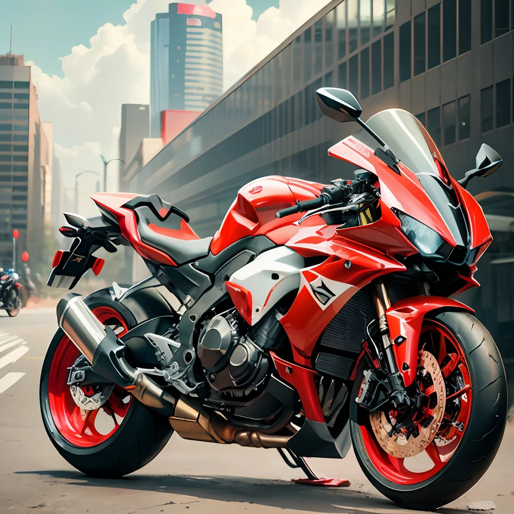 motorcycle is a custom red Yamaha with a futuristic and aggressive design. It features streamlined lines and metallic details, reflecting a futuristic and technological aesthetic. --auto --s2