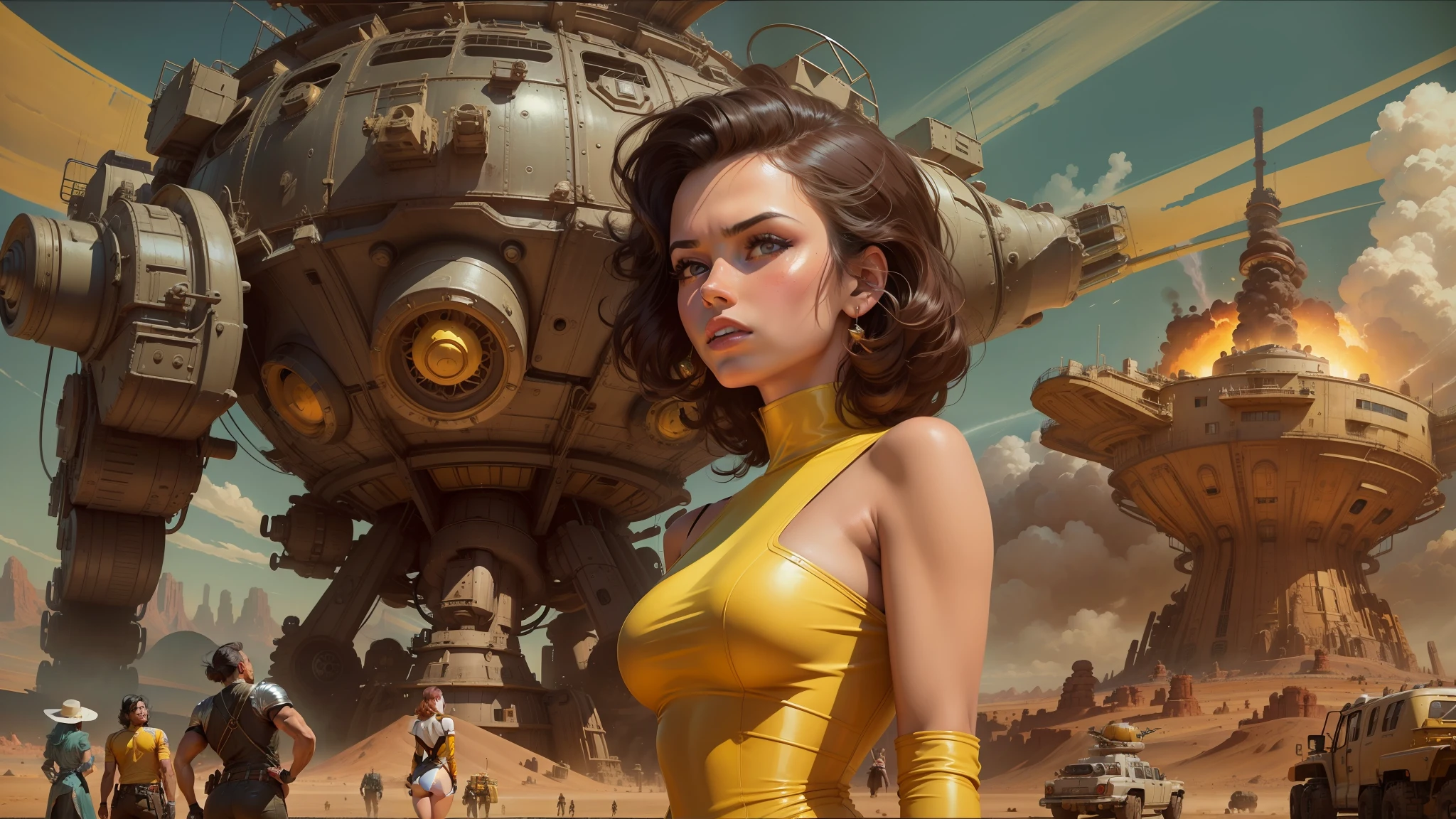 a close up of a woman in a yellow dress near a giant robot, gil elvgren style, cinemascope panorama, by Kilian Eng, in front of a nuclear explosion, art foreground : eloy morales, youtube thumbnail, desert valley of bones, chrome art, barbarella, matte drawing, trending on artstattion, by Douglas Robertson Bisset, caravan --auto --s2