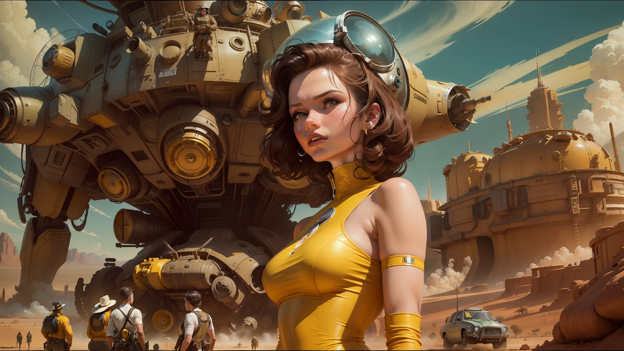 a close up of a woman in a yellow dress near a giant robot, gil elvgren style, cinemascope panorama, by Kilian Eng, in front of a nuclear explosion, art foreground : eloy morales, youtube thumbnail, desert valley of bones, chrome art, barbarella, matte drawing, trending on artstattion, by Douglas Robertson Bisset, caravan --auto --s2