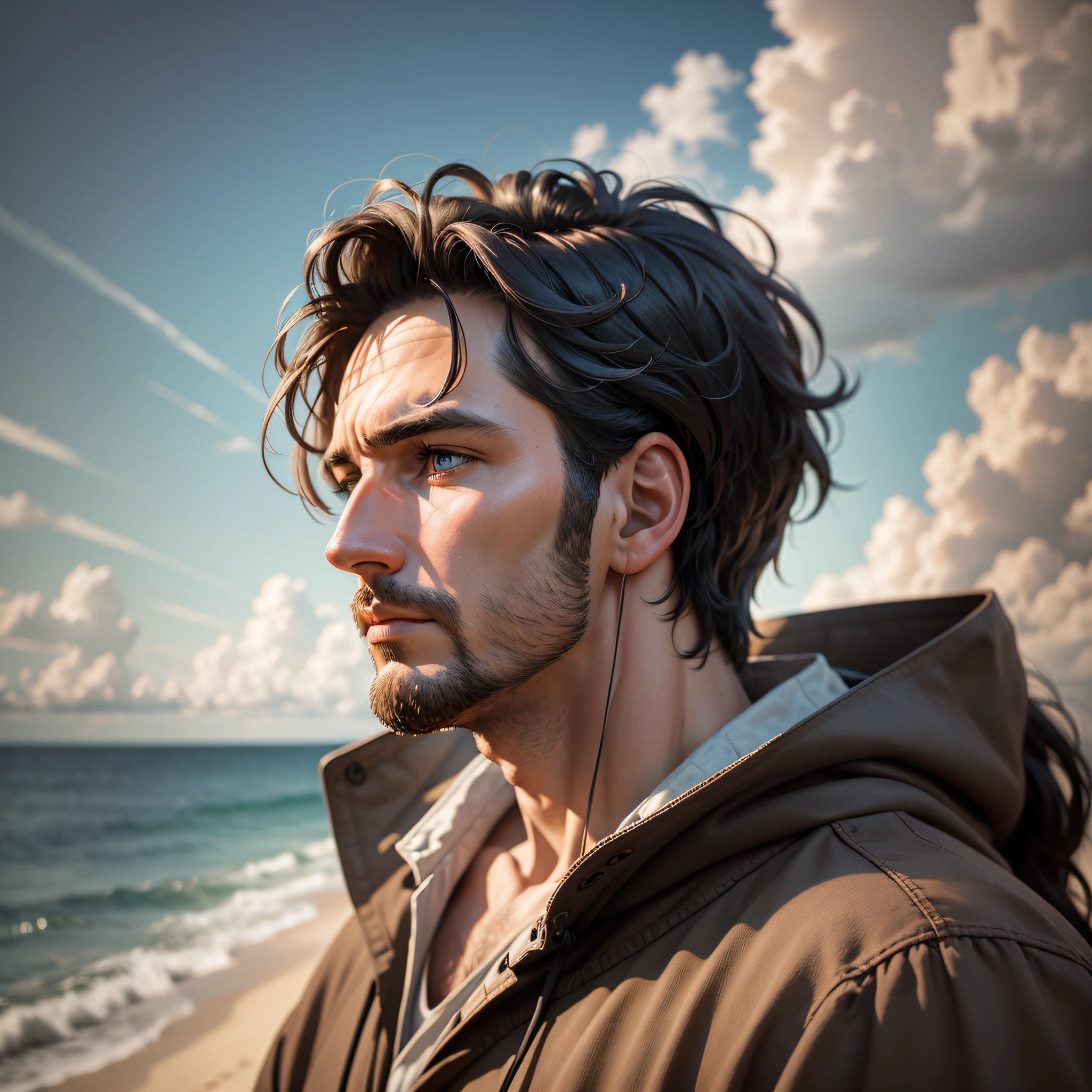 Create a masterful masterpiece book cover of 35 year old man dreaming of a better life looking at the ultra-detailed horizon inspired by alex ross ,,soft lighting, masterpiece, best quality, 8k uhd, dslr, film grain, photorealistic painting Fujifilm XT3 --auto --s2