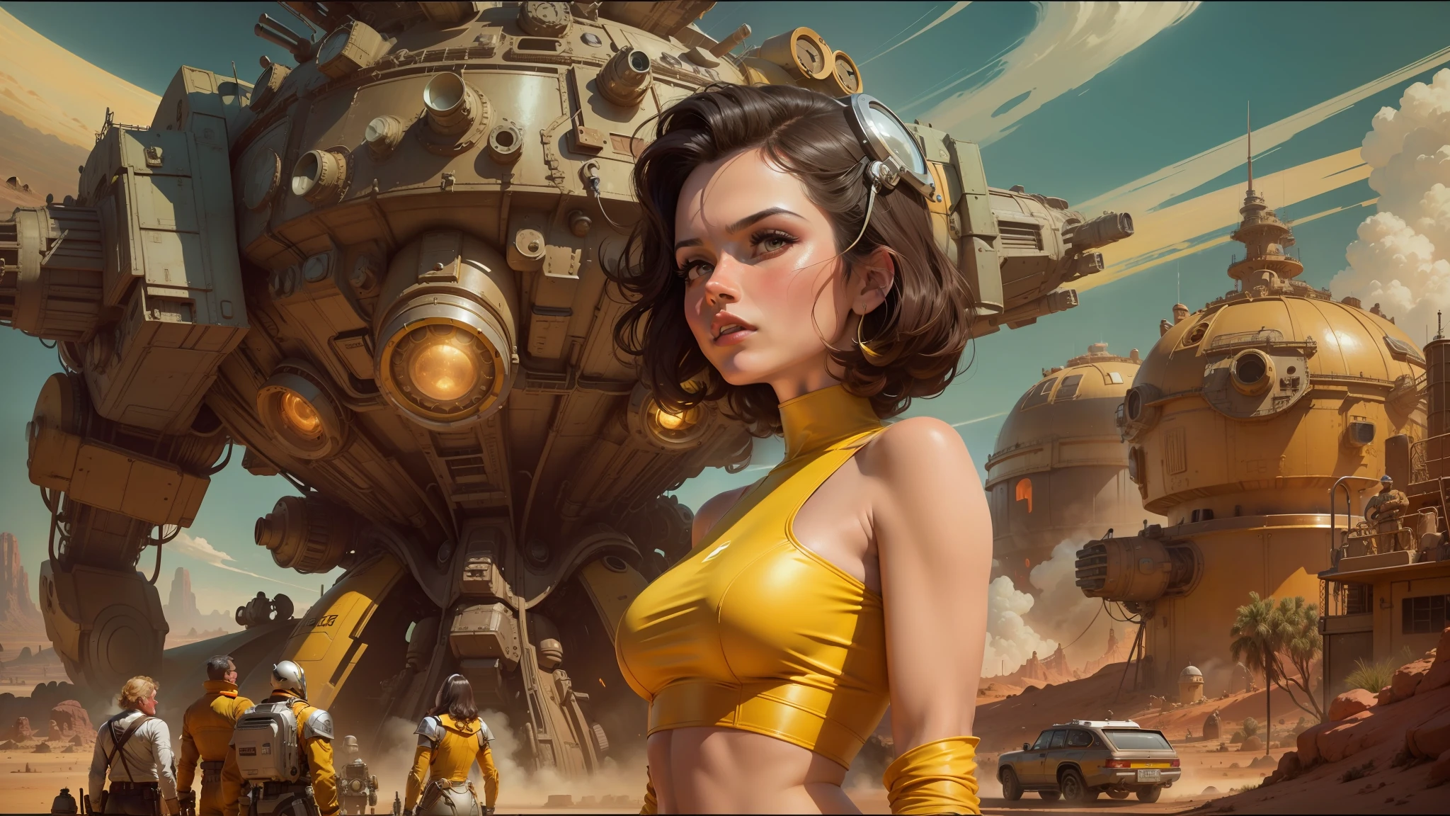 a close up of a woman in a yellow dress near a giant robot, gil elvgren style, cinemascope panorama, by Kilian Eng, in front of a nuclear explosion, art foreground : eloy morales, youtube thumbnail, desert valley of bones, chrome art, barbarella, matte drawing, trending on artstattion, by Douglas Robertson Bisset, caravan --auto --s2
