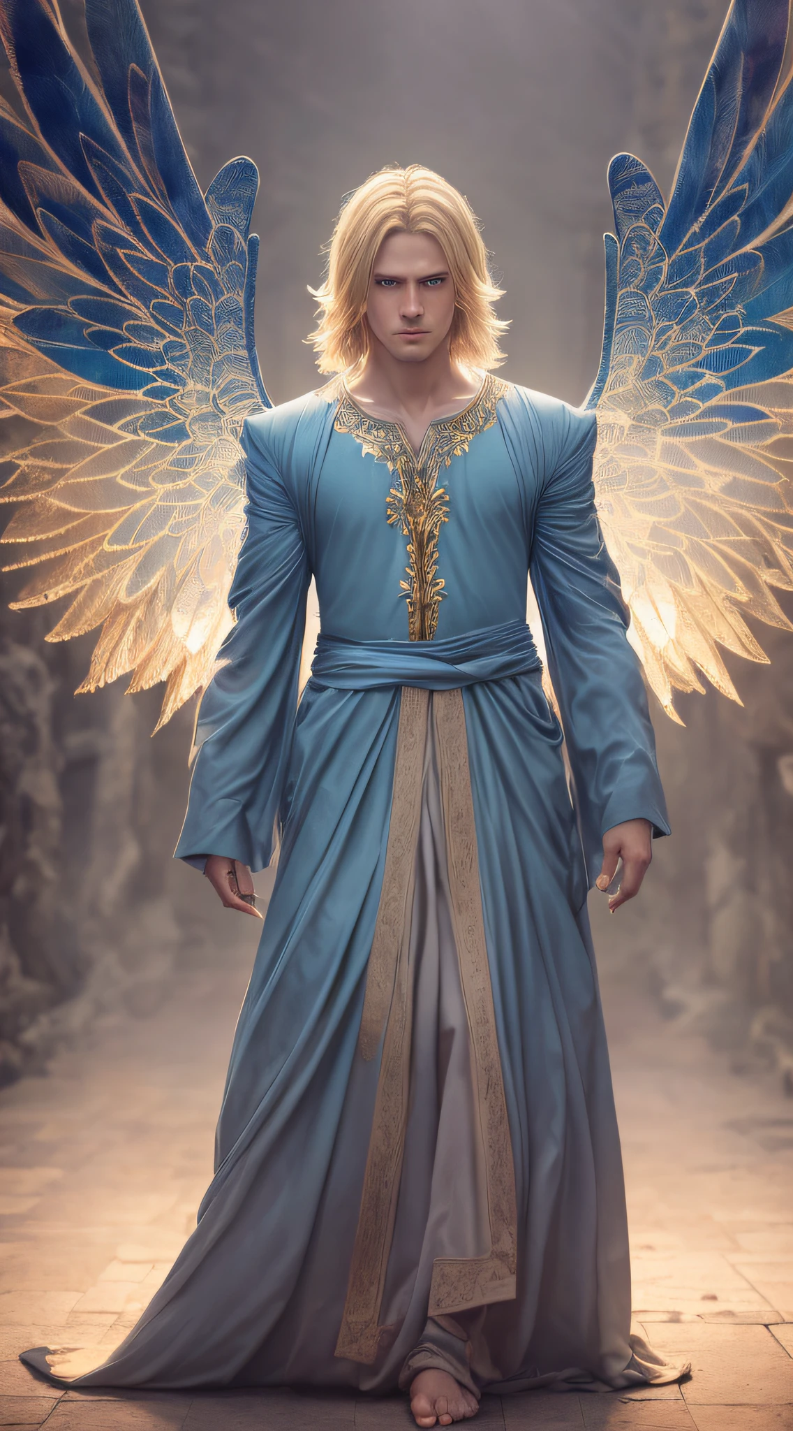 Looking at the camera, full body is shown, an angel, male, with wings, (((masterpiece)), shoulder-length blonde hair, wearing a tunic, detailed face, detailed blue eyes, color photography, (sharp focus: 1.2), dynamic pose, extremely detailed, intricate, dramatic lighting, moody and melancholic atmosphere, Sony A7 IV film stock photography 4 kodak portra 400 camera f1.6 lens rich colors hyper realistic texture, best quality dramatic lighting cinestill 800, deep shadow, photo, highly detailed, wide-angle lens, depth of field, bokeh, 4K, HDR, absurd, hyper-realistic, photorealistic, --auto --s2