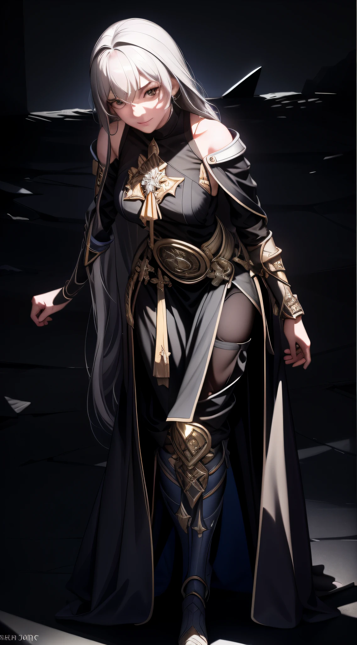 masterpiece, best quality, detailed eyes, vivid color, detailed skin, 1girl, velanna, mature female, large breasts, neckline, dress, gauntlets, gray hair, long hair, looking at the viewer, shoulder armor, solo, thighs, very long hair, yellow eyes, hip ventilation, asymmetrical clothing, black armor, transparent leg clothing, ornate, vertical stripes, toned, screaming, light smile, hands behind head,  cowboy shot, outdoors, rose garden, (((((dark)))), (((((((edge lighting)))))),night, moon, wind,