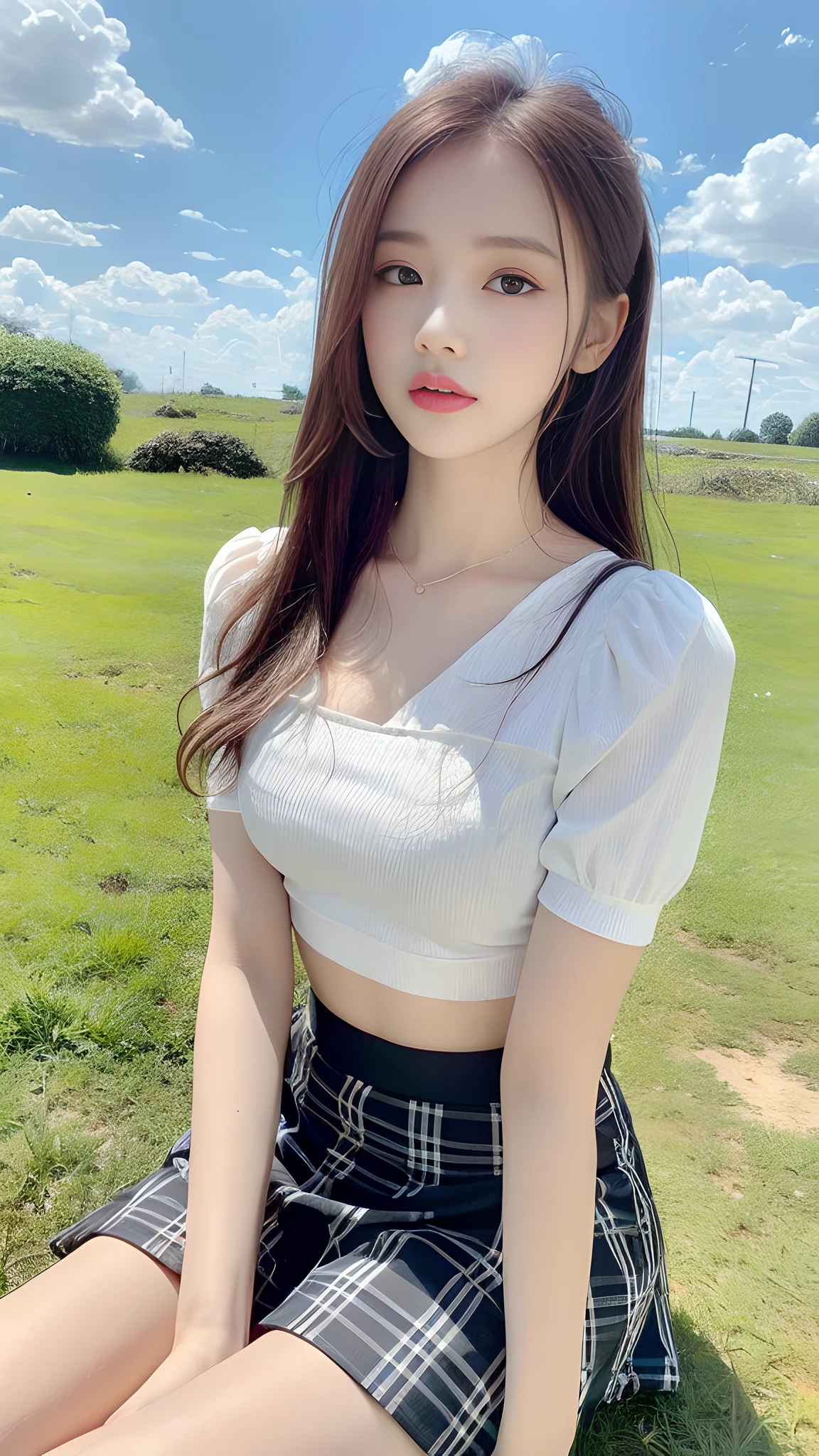 ((Best Quality, 8K, Masterpiece:1.3)), A beautiful girl, pure, melon face, gentle and cute, thin figure, facing right, head to the right, lips closed, upper body leaning forward, (((off-white crop top short sleeves, floral plaid mini skirt))), black silky long hair, round black big eyes, clear big eyes, moist red lips, sweet, sitting, blue sky and white clouds, sunshine, grassland background,