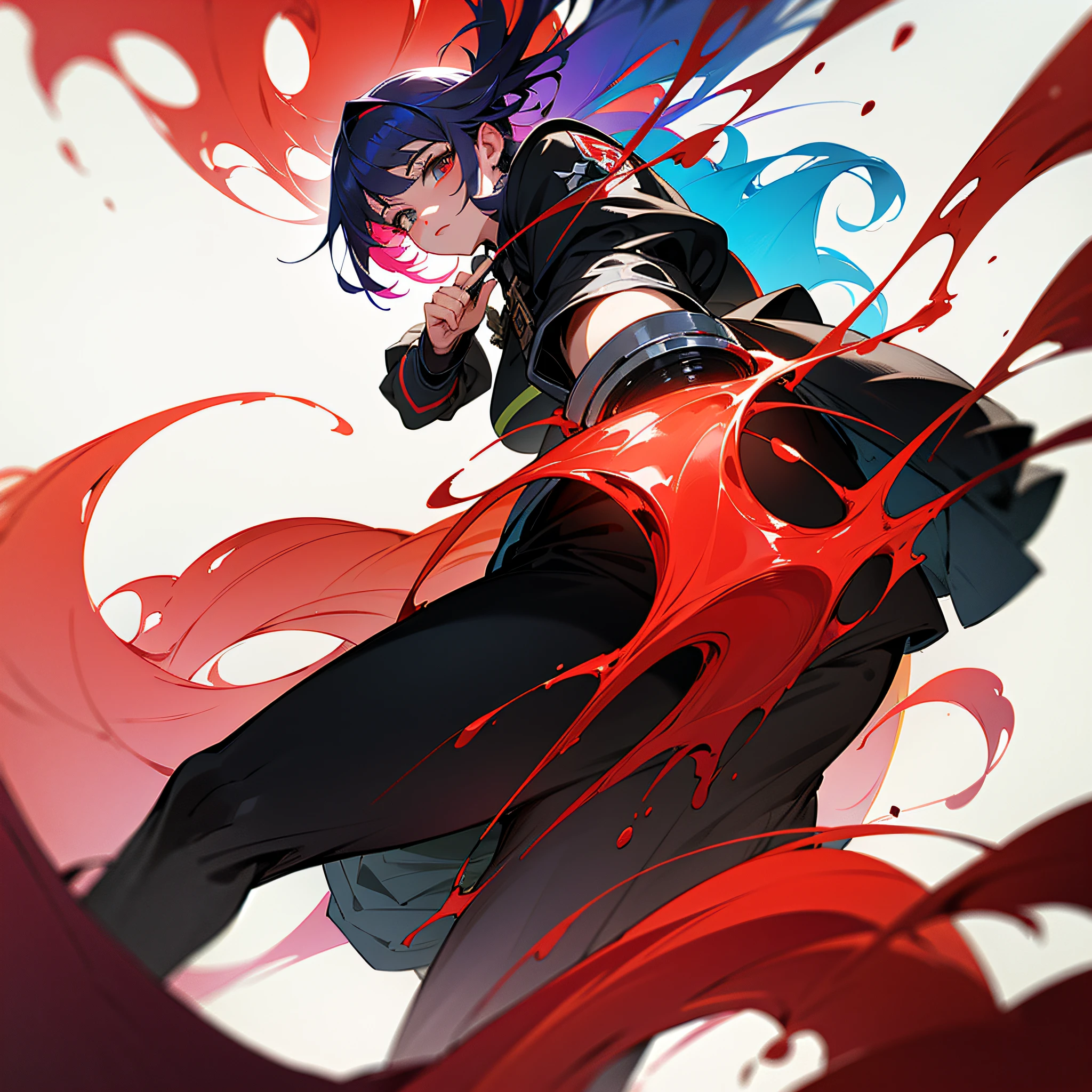 0 damage assassine, pointing the brush at viewer, ,a killer who likes to paint, dirty laundry of colored paint, holding a wet brush of paint, colored hair, fantasy, marvel, absolutely stunning art, art of the highest quality, highest resolution, hyper detailed, black and red
