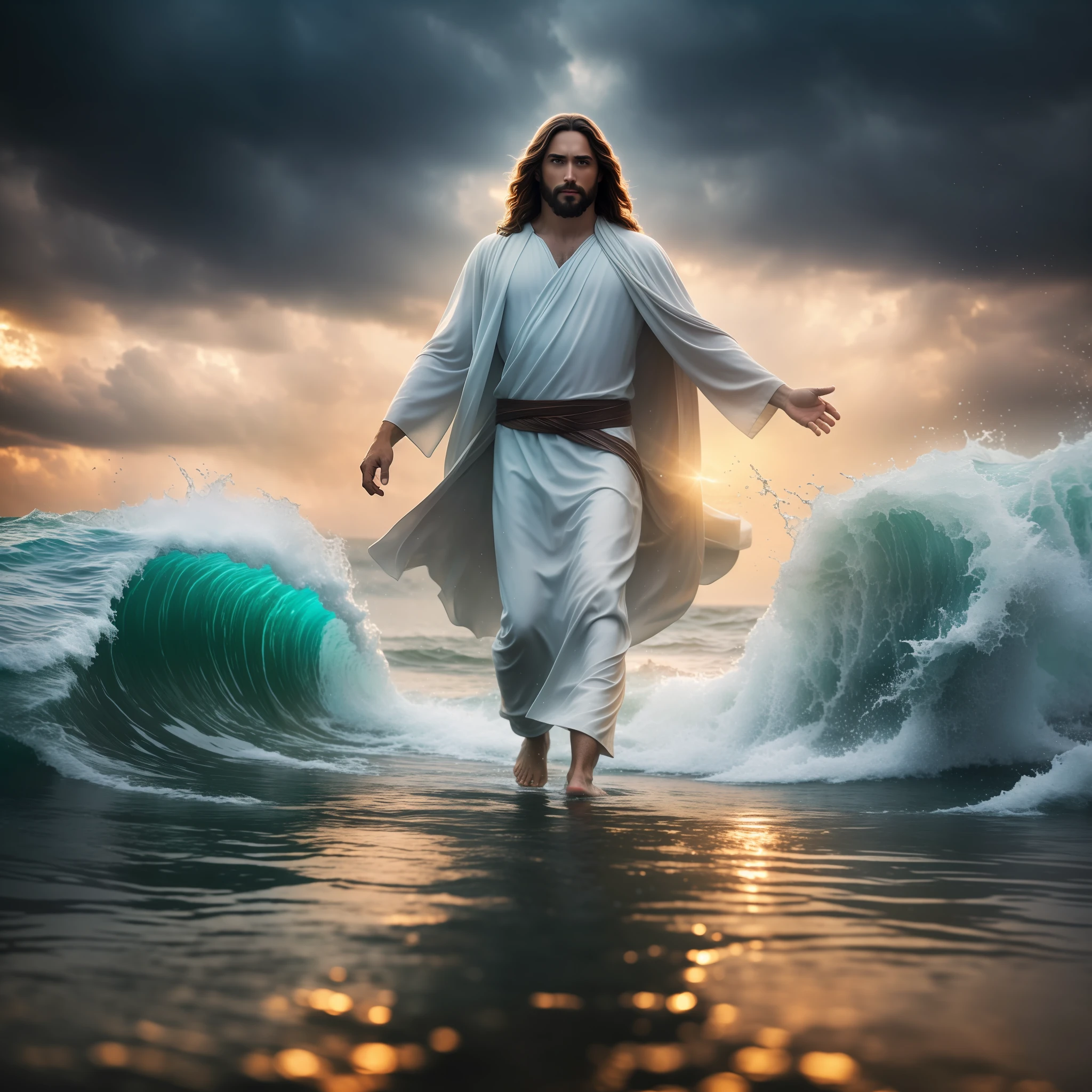 jesus walking on water in a storm, masterpiece, best quality, high quality, extremely detailed CG unit 8k wallpaper, award winning photography, Bokeh, Depth of Field, HDR, bloom, Chromatic aberration, photorealistic, extremely detailed, trending on artstation, trending on CGsociety, intricate, high detail, dramatic, mid-journey art, volumetric lighting