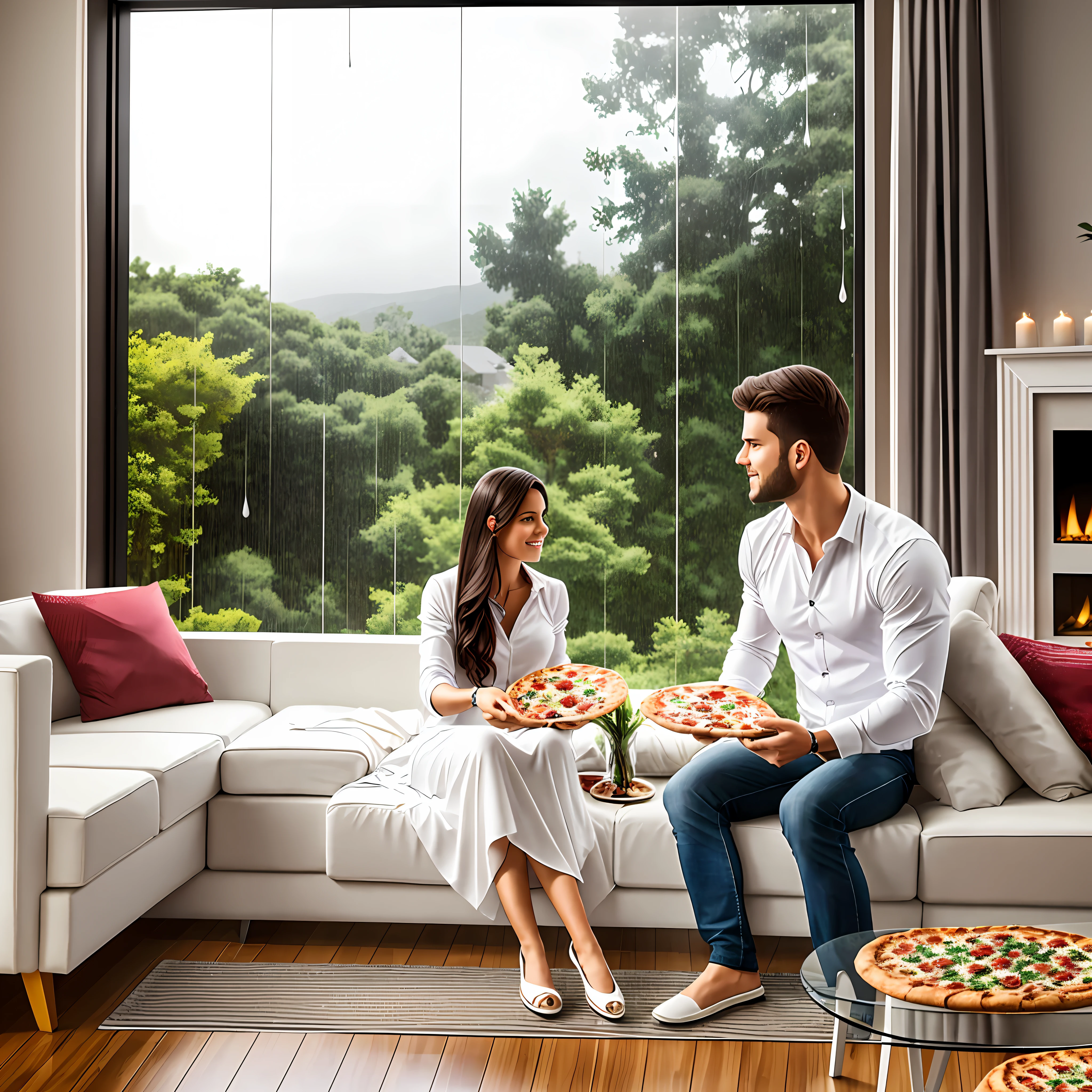 GENERATE AN ULTRA REALISTIC IMAGE WITH A WHITE FAMILY HAPPY EUROPEAN TRACOS EATING PIZZA IN A ROOM WITH FIREPLACE AND GLASS FROM THE LIVING ROOM WINDOW APPEARING RAIN FALLING --auto --s2