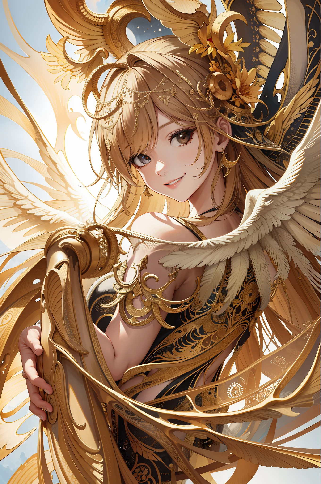 (masterpiece, top quality, high resolution: 1.4), angel wings, smile, detail, intricate detail, 4K, color splash, line art, art, fibonacci,