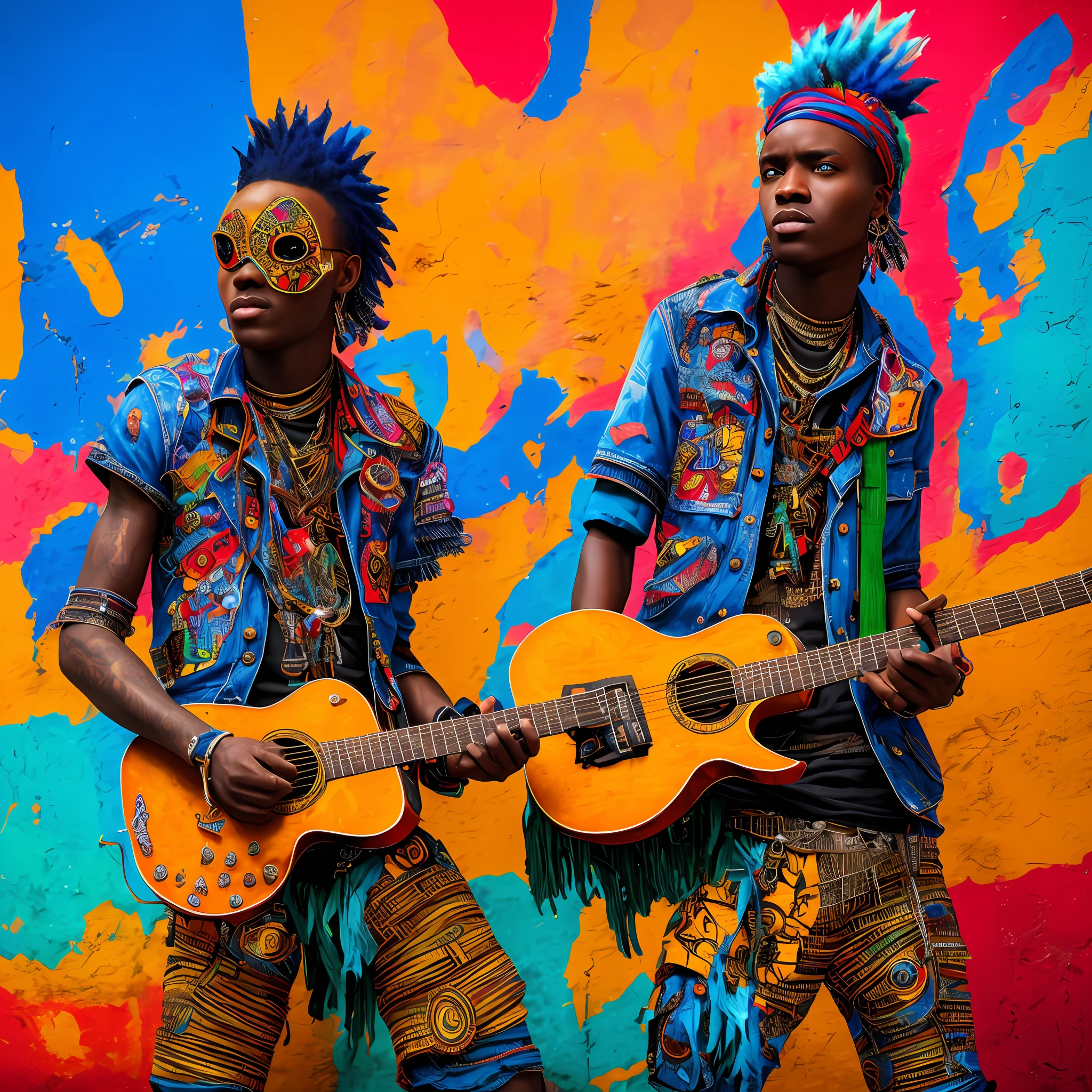 a funny punk rock African characters with guitar and eye as head , in a street, rich deep colors. masterpiece. intricate artwork, very coherent symmetrical artwork, cinematic, hyper realism, high detail, octane render, unreal engine, 8 k, vibrant colors, high contrast, depth of field. full body character drawing, inspired, clean ink detailed line drawing, intricate detail, extremely detailed.