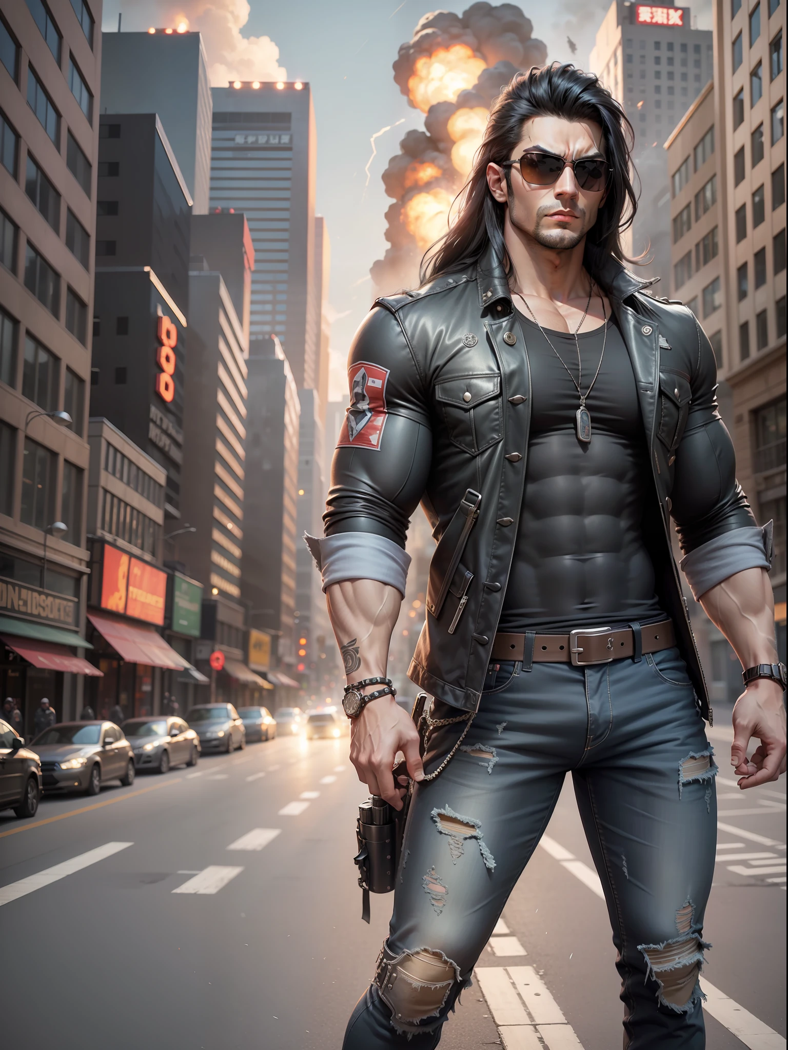 muscular man, long black hair, sunglasses, jeans, long t-shirt, coat, armband, bracelets, holsters, rivets, big gun, on city street with explosions behind, movie poster